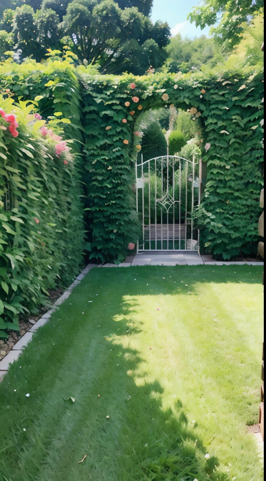 there is a green lawn with a gate and flowers in the middle, lush garden in the background, with a lush grass lawn, lush lawn, garden landscape, beautiful garden on background, garden environment, lush garden surroundings, pastoral backyard setting, parks and gardens, garden with flowers, lush and green, beautiful english garden, garden background, lawn, vibrant greenery outside, beautiful garden