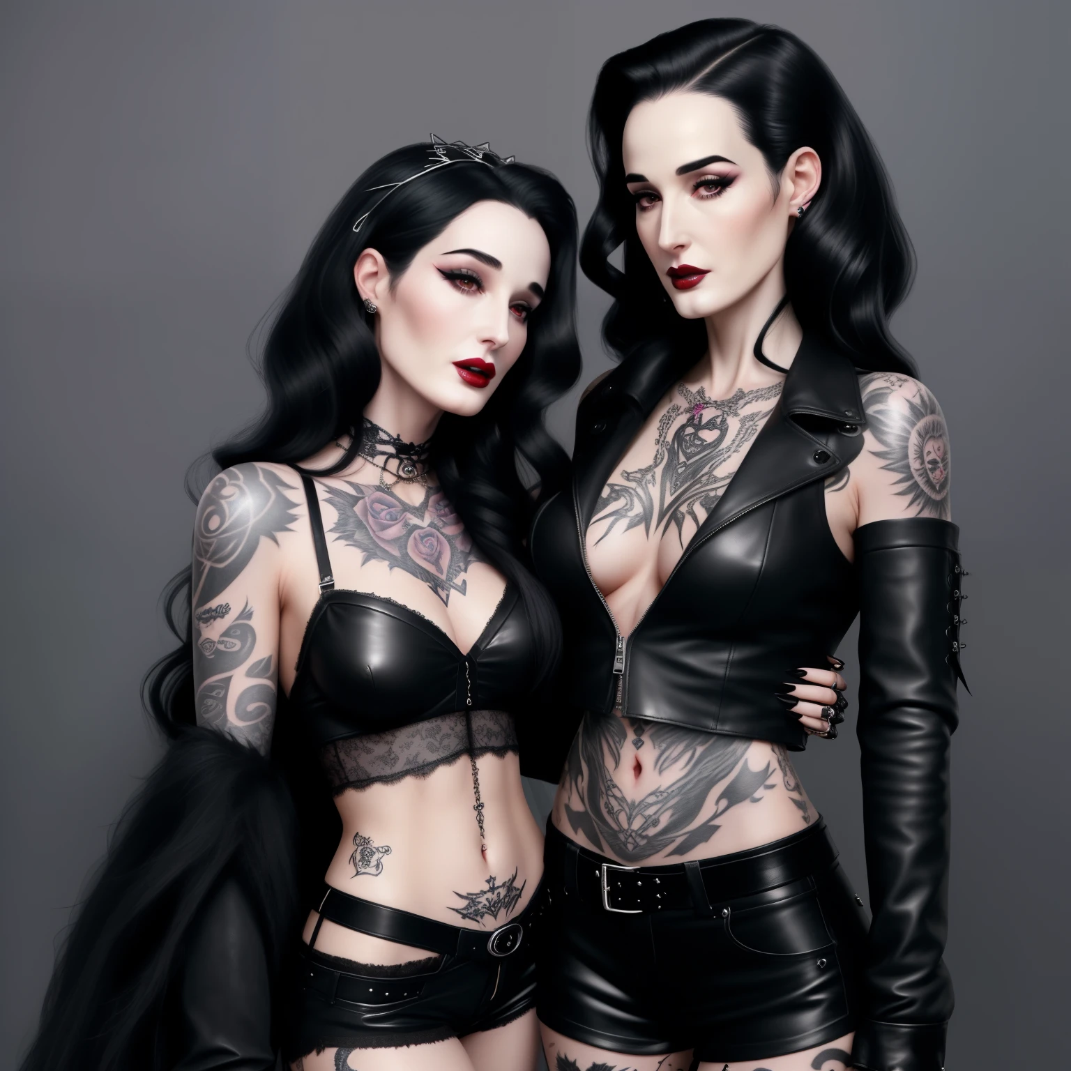 Female in her 25-year-old very long gray hair, looks like astress dita von tesse from Shadow and bone as punk, Tattooed, embodies a punk rocker bride in a short black lace top and leather shorts, very long black nails