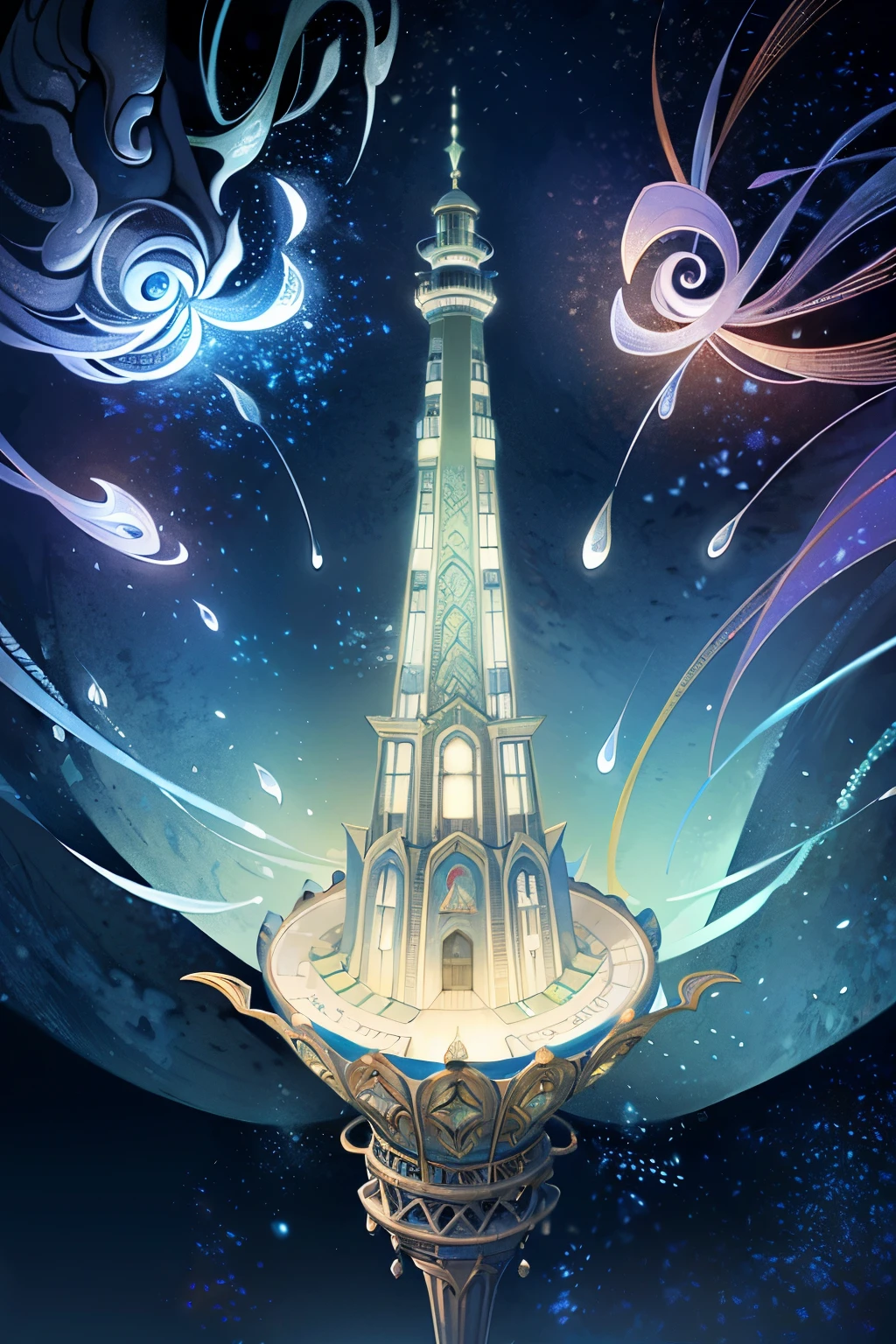 Neon Full-sized portrait of a vibrant and intricately designed lighthouse, adorned with quill art and quilling techniques by the skilled artist, Ilyas Kaluta. This masterpiece, inspired by M.W's unique style, blends elements of Asaf Hanuka and Kawaii Futurism by Thomas Kinkade and Victor Ngai. The lighthouse's colors pop against the darksky, illuminated by the splash detail and water droplets that add to the insanely detailed and hyperdetailed concept. With the addition of 3D model elements, the depth and complexities of the lighthouse come to life, showcasing every