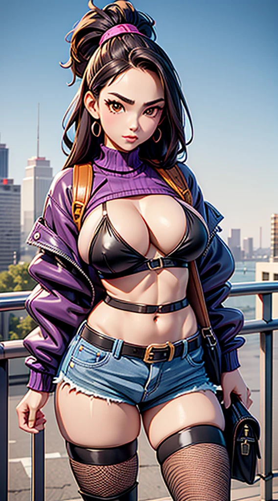 1990s, (masterpiece), high-definition, detailed face, korean girl, abs, (big tits: 1.4) big hips, messy dark purple hair, orange eyes, crop top sweater, jacket, shorts, belt, (thong: 1.2), thigh high stockings, boots, fishnet, balcony, leaning on the railing, (messenger bag: 1.3), sunset