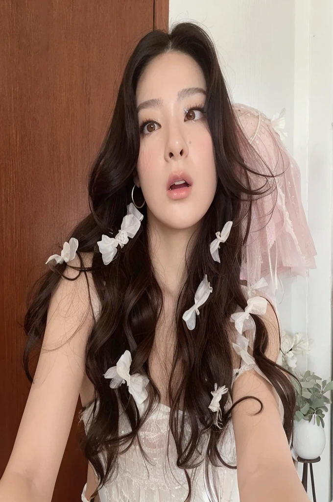 there is a woman con cabello largo and a white dress posing for a picture,, con pelo largo y rizado, Cabello blanco rizado, flequillo de cortina, inspired por, peinado de coletas, ondulado, cinta en su cabello, con cabello largo, peinado de corte hime blanco, seulgi de red velvet 