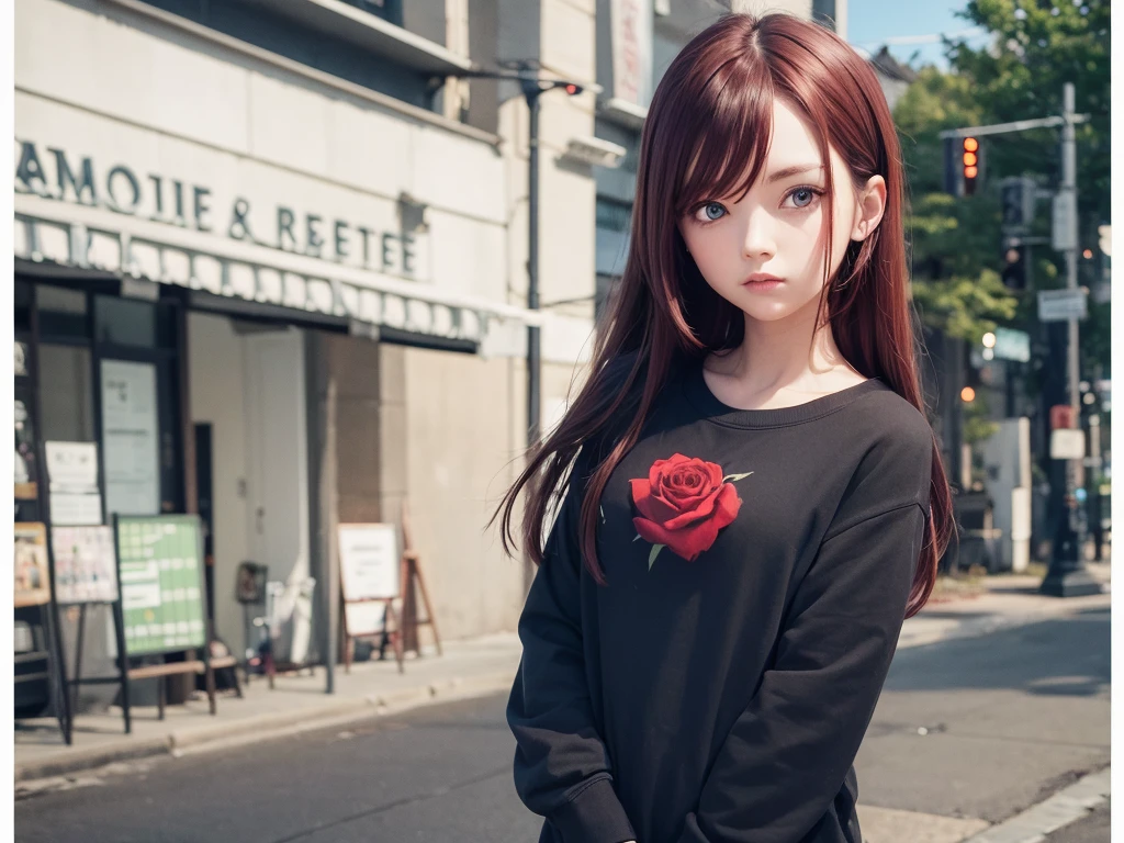 girl, dark red hair, blue eyes, looking at the camera, wearing headphones, wearing a black sweatshirt with a drawing of a rose, black sweatpants, at sunset