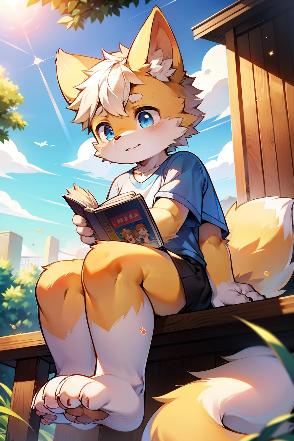 schoolboy，8岁，yellow fox，shaggy，Animal ear，Animal fur，Hairy all over，Animal paws，large ear，adolable，kawaii，Fluffy tail,Yellow fur，Comic book style，Wearing a T-shirt, sit，in the kindergarden, Detailed background，with blue sky and white clouds，tmasterpiece，BestWorks，Manhwa Style