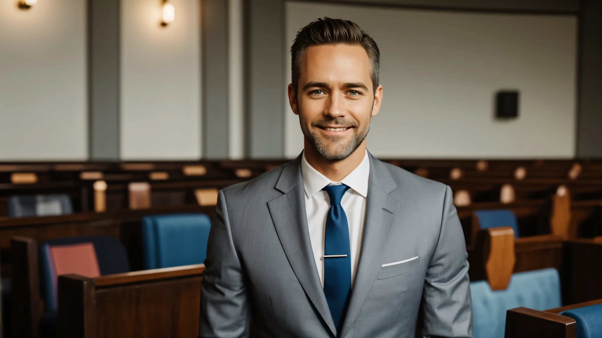 Create actor Jay Harrington as Pastor, smiling and happy, focus on face, Pastor looking at center of image, background image evangelical Christian church, Pastor, short gray hair, film cover style, short gray beard, wearing suit, focus on body details, cover image, heavenly atmosphere, film photography style, focus on facial details, heavenly atmosphere, cinematic effect, ultra HD, best quality, wearing suit.