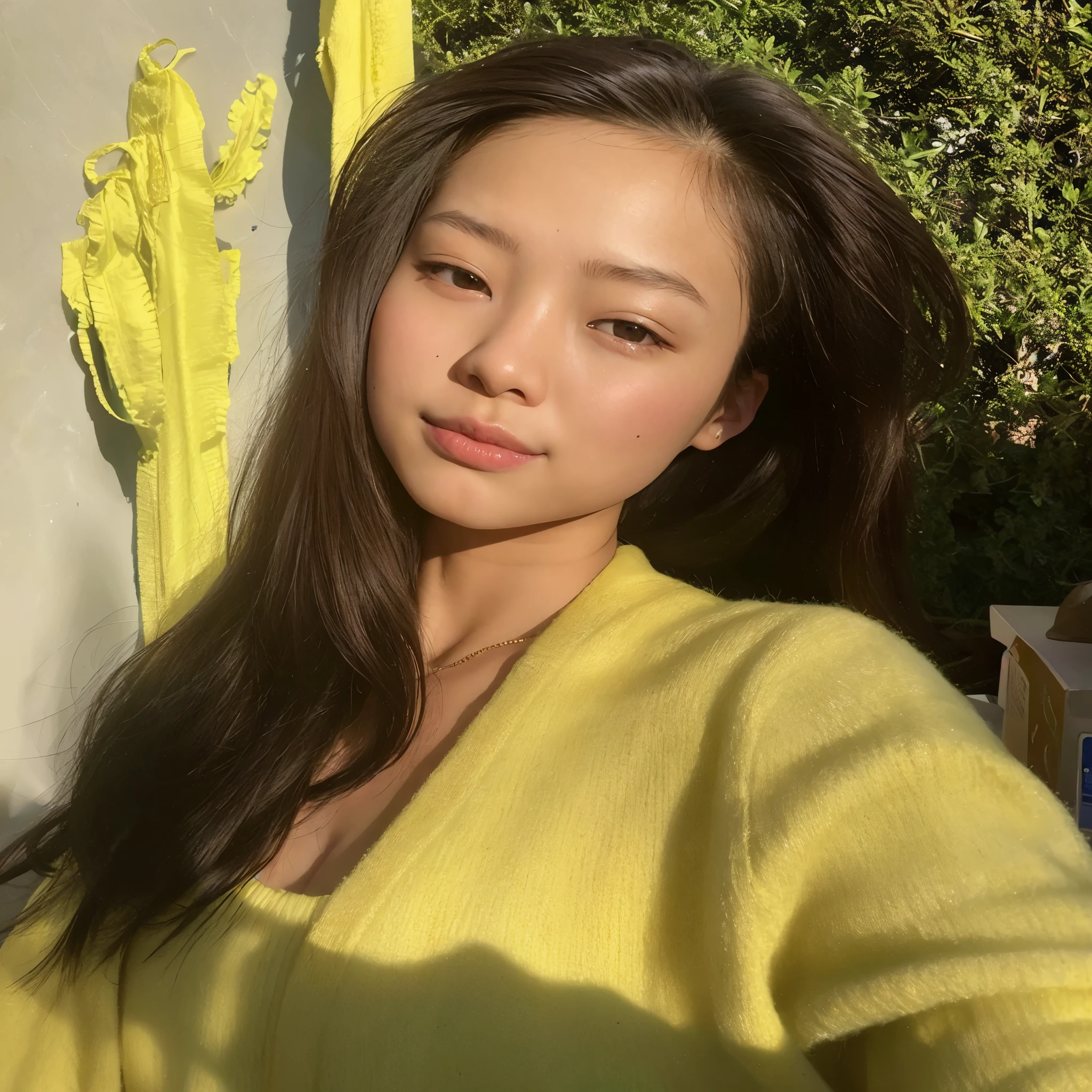 Woman in yellow sweater posing for a selfie, jennie blackpink, a young asian woman, Louise Zhang, jaeyeon nam, linda jovem coreana, Heonhwa Choe, wenfei you, Xisionwu, Lulu Chen, gema chen, young pale and beautiful asian face, linda jovem coreana, Xintong Chen, young asian woman, young asian