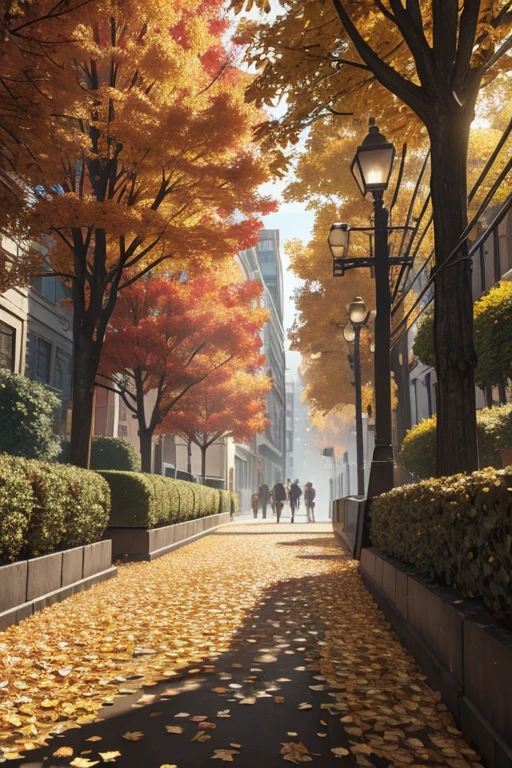 street covered with leaves in autumn in a (city:1.3), fall, global illumination, volumetric lighting, best quality, highly detailed, cgi, illustration, octane render,