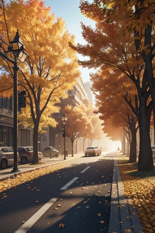 street covered with leaves in autumn in a (city:1.3), fall, global illumination, volumetric lighting, best quality, highly detailed, cgi, illustration, octane render,
