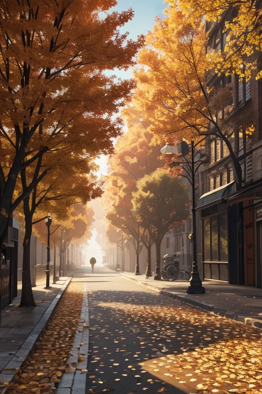  street covered with leaves in autumn in a (city:1.3), fall, global illumination, volumetric lighting, best quality, highly detailed, cgi, illustration, octane render,