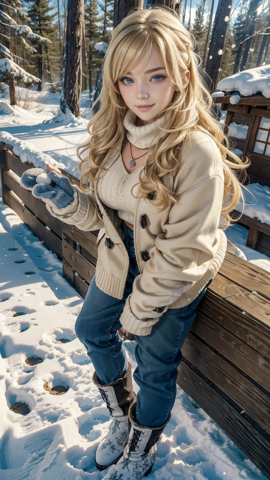 25-year-old Caucasian woman、Blonde gradient color、Eye color is blue、medium long hair、hair is wavy、wearing accessories on the wrist、Wearing a necklace、high resolution、Fine skin、smile、wearing a high neck sweater、Wearing a duffel coat、I&#39;m wearing warm pants、I&#39;m wearing warm boots、I&#39;m on the terrace of a cottage in a snowy forest.、I&#39;m wearing mitten gloves、I&#39;m wearing a muffler