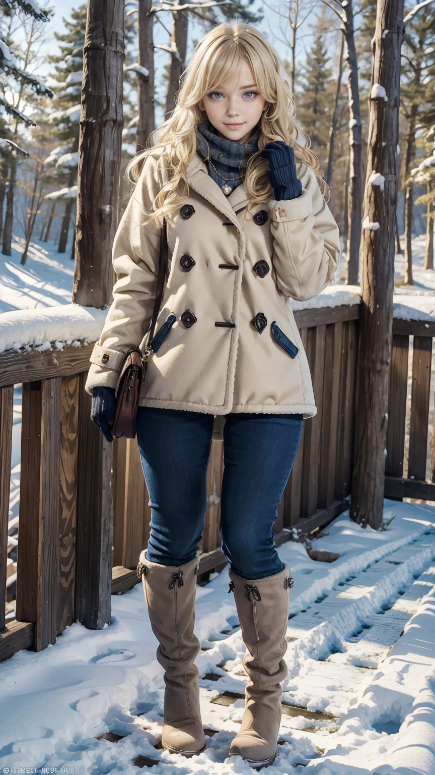 25-year-old Caucasian woman、Blonde gradient color、Eye color is blue、medium long hair、hair is wavy、wearing accessories on the wrist、Wearing a necklace、high resolution、Fine skin、smile、wearing a high neck sweater、Wearing a duffel coat、I&#39;m wearing warm pants、I&#39;m wearing warm boots、I&#39;m on the terrace of a cottage in a snowy forest.、I&#39;m wearing mitten gloves、I&#39;m wearing a muffler