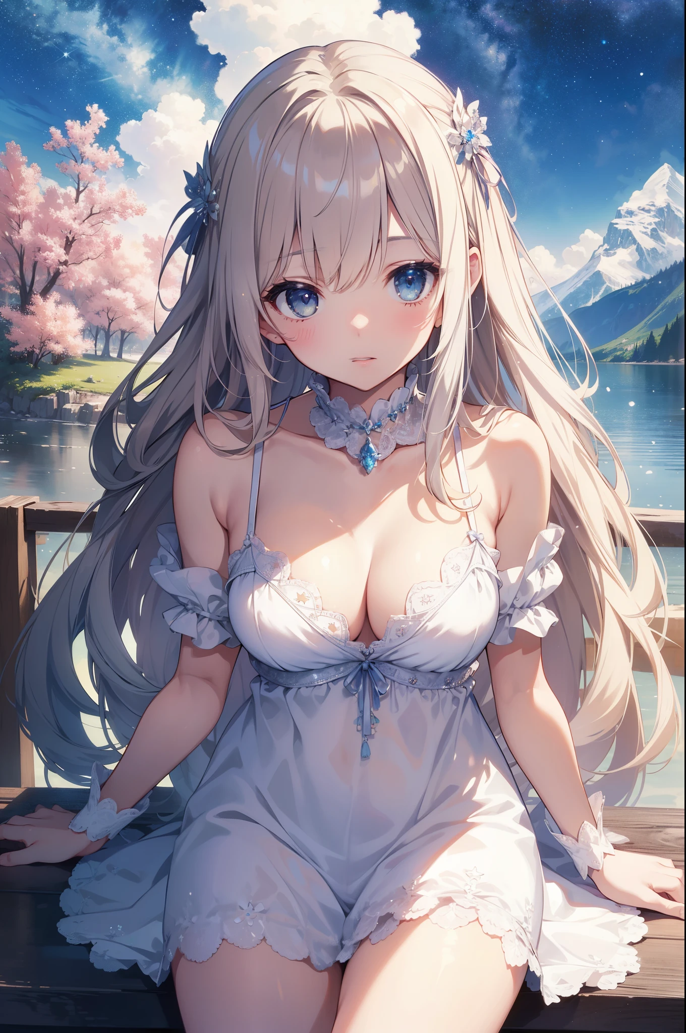 （masterpiece）、(highest quality)、((Super detailed))、(super delicate)、Princess in a naughty nightdress、platinum blonde、beautiful breasts、Thighs、Gorgeous、lake with mountain view、Fantastic starry sky