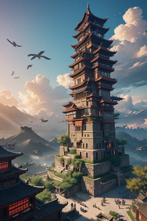 arafed view of a village with a lot of lights on the buildings,Color (Fantasy: 1.2), (cyberpunk chinese ancient castle,), (irregular red building floating on the cloud), patchwork cottages, flower decorations, lights, chinese city, (sky city), ross tran, light shafts, realistic lighting, masterpiece, high quality, beautiful graphics, high detail, masterpiece, high quality, beautiful graphics, high detail, , flying birds in the sky, unreal engine 5,