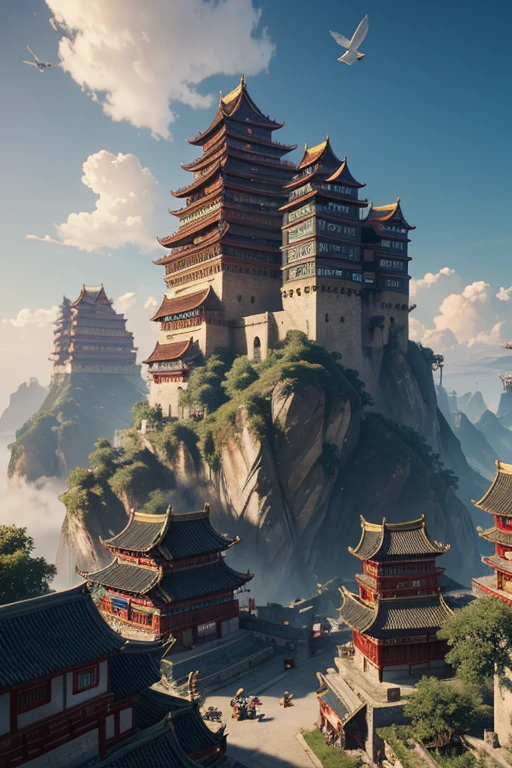 arafed view of a village with a lot of lights on the buildings,Color (Fantasy: 1.2), (cyberpunk chinese ancient castle,), (irregular red building floating on the cloud), patchwork cottages, flower decorations, lights, chinese city, (sky city), ross tran, light shafts, realistic lighting, masterpiece, high quality, beautiful graphics, high detail, masterpiece, high quality, beautiful graphics, high detail, , flying birds in the sky, unreal engine 5,