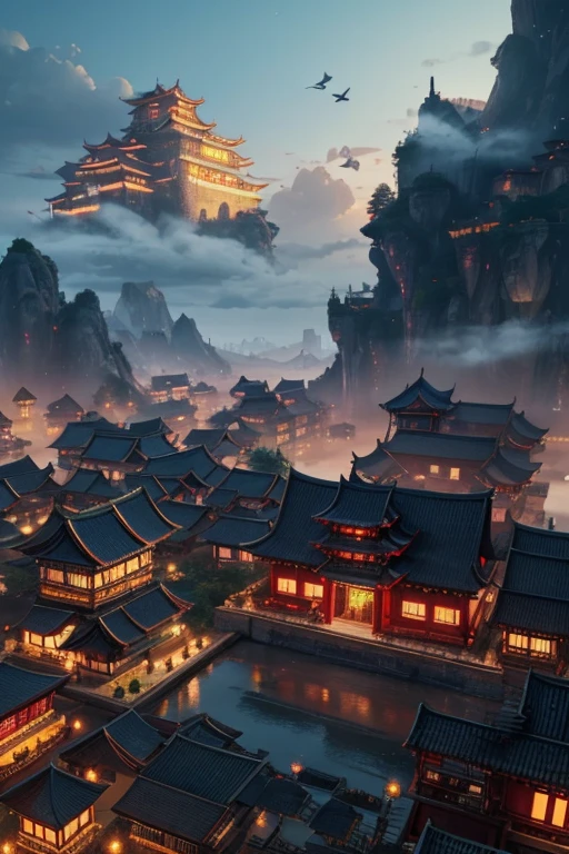 arafed view of a village with a lot of lights on the buildings,Color (Fantasy: 1.2), (cyberpunk chinese ancient castle,), (irregular red building floating on the cloud), patchwork cottages, flower decorations, lights, chinese city, (sky city), ross tran, light shafts, realistic lighting, masterpiece, high quality, beautiful graphics, high detail, masterpiece, high quality, beautiful graphics, high detail, , flying birds in the sky, unreal engine 5,