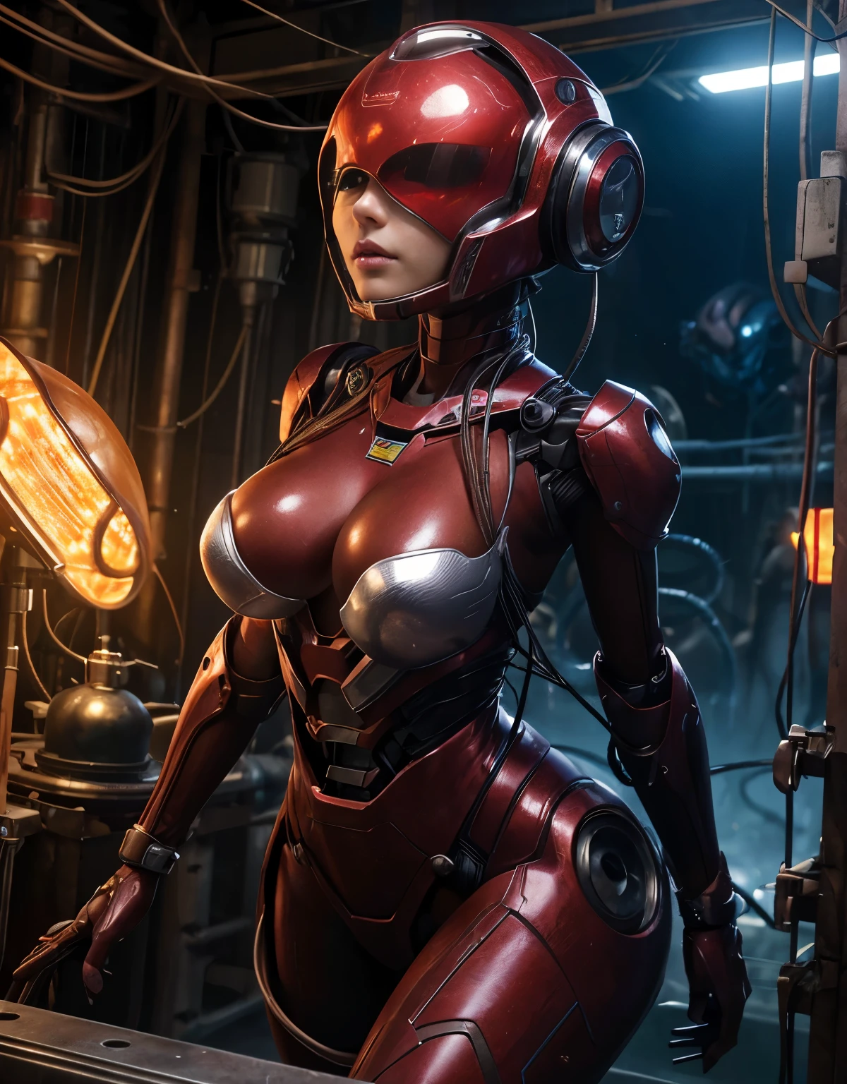 (Background of skimpy mechanical girl and octopus alien)、（Mystical expression）、highest quality、masterpiece、Super high resolution、(Photoreal:1.4)、RAW photo、1 girl、glowing skin、(((1 Mechanical Girl)))、Heavy chest、（red metalボディスーツ）、(Natural alien background to fight aliens)、(Small LED)、((Super realistic details))、vertical giant monster background),global illumination、Shadow、octane rendering、8K、super sharp、robotの背景、big breasts、Raw skin exposed in the cleavage、red metal、intricate decorative details、Japan details、very intricate details、realistic light、(Mystical expression),CG Society Trenlow Eyes、Eyes shining towards the camera、Mechanical marginal blood vessels connected to neon detail tubes)、(Wires and cables connecting to the head)、Small LED、,mechanical thighs、two stock、（Hands are also made of machines）、robot、future alien、Please wear a mechanical helmet、transparent face guard on helmet、