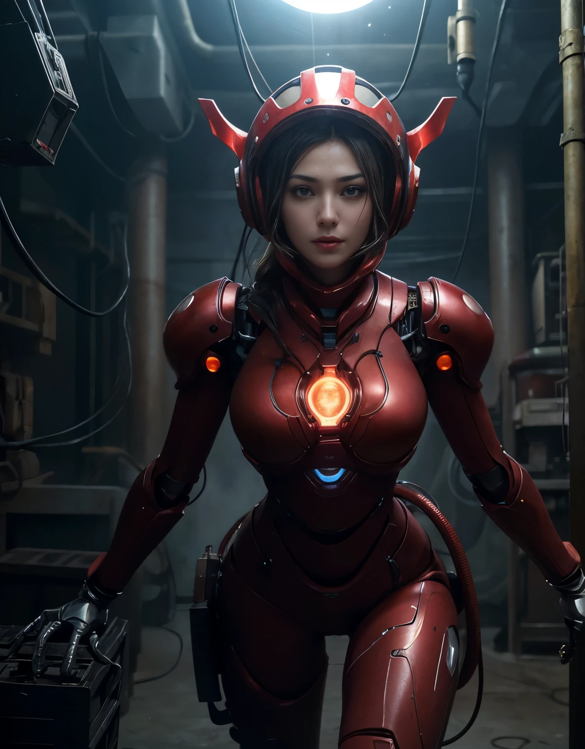 (Background of skimpy mechanical girl and octopus alien)、(Mystical expression)、highest quality、masterpiece、Super high resolution、(Photoreal:1.4)、RAW photo、1 girl、glowing skin、(((1 Mechanical Girl)))、Heavy chest、(red metalボディスーツ)、(Natural alien background to fight aliens)、(Small LED)、((Super realistic details))、vertical giant monster background),global illumination、Shadow、octane rendering、8K、super sharp、robotの背景、big breasts、Raw skin exposed in the cleavage、red metal、intricate decorative details、Japan details、very intricate details、realistic light、(Mystical expression),CG Society Trenlow Eyes、Eyes shining towards the camera、Mechanical marginal blood vessels connected to neon detail tubes)、(Wires and cables connecting to the head)、Small LED、,mechanical thighs、two stock、(Hands are also made of machines)、robot、future alien、Please wear a mechanical helmet、transparent face guard on helmet、