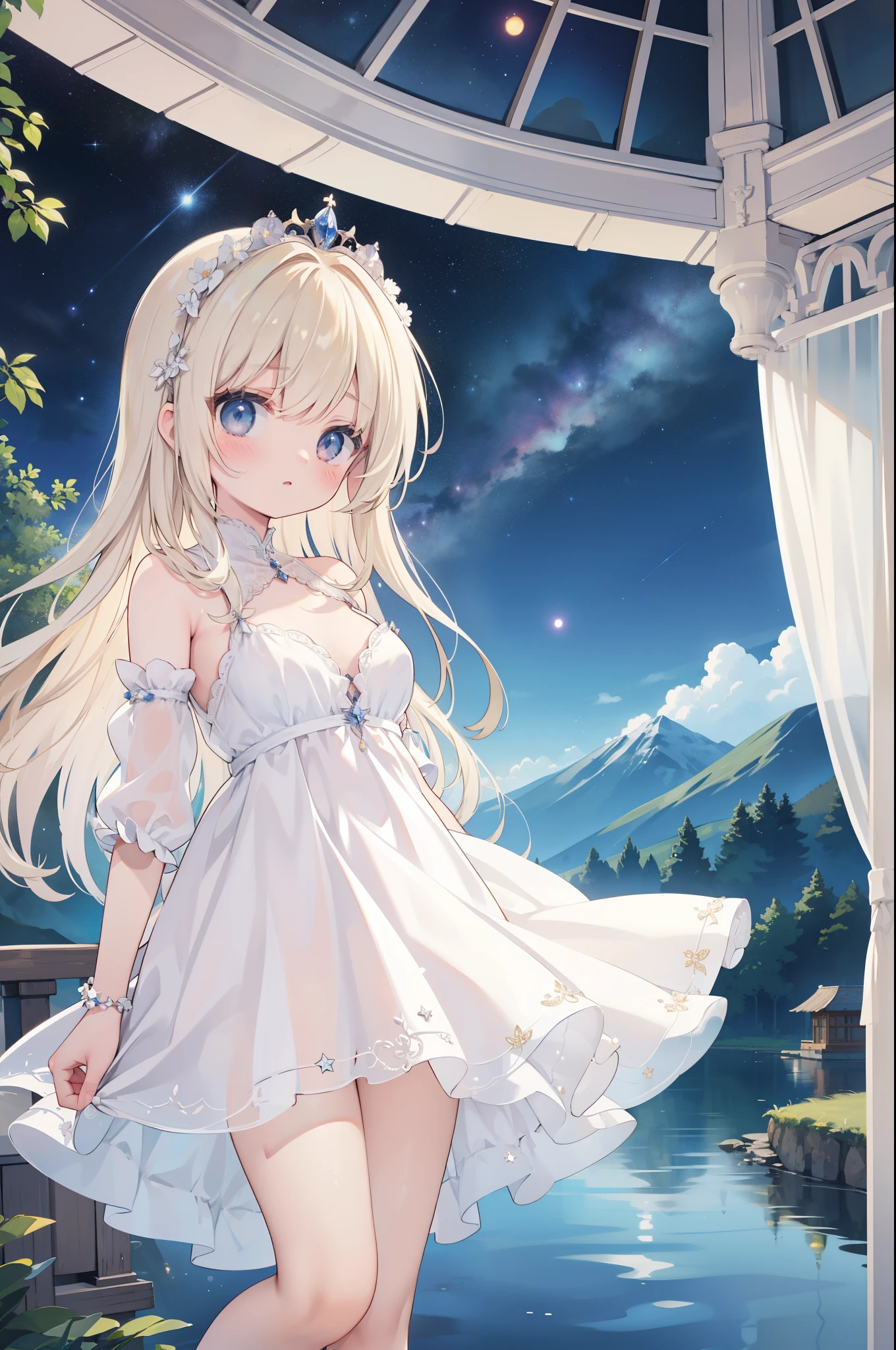 （masterpiece）、(highest quality)、((Super detailed))、(super delicate)、Princess in a naughty nightdress、platinum blonde、beautiful breasts、Thighs、Gorgeous、lake with mountain view、Fantastic starry sky
