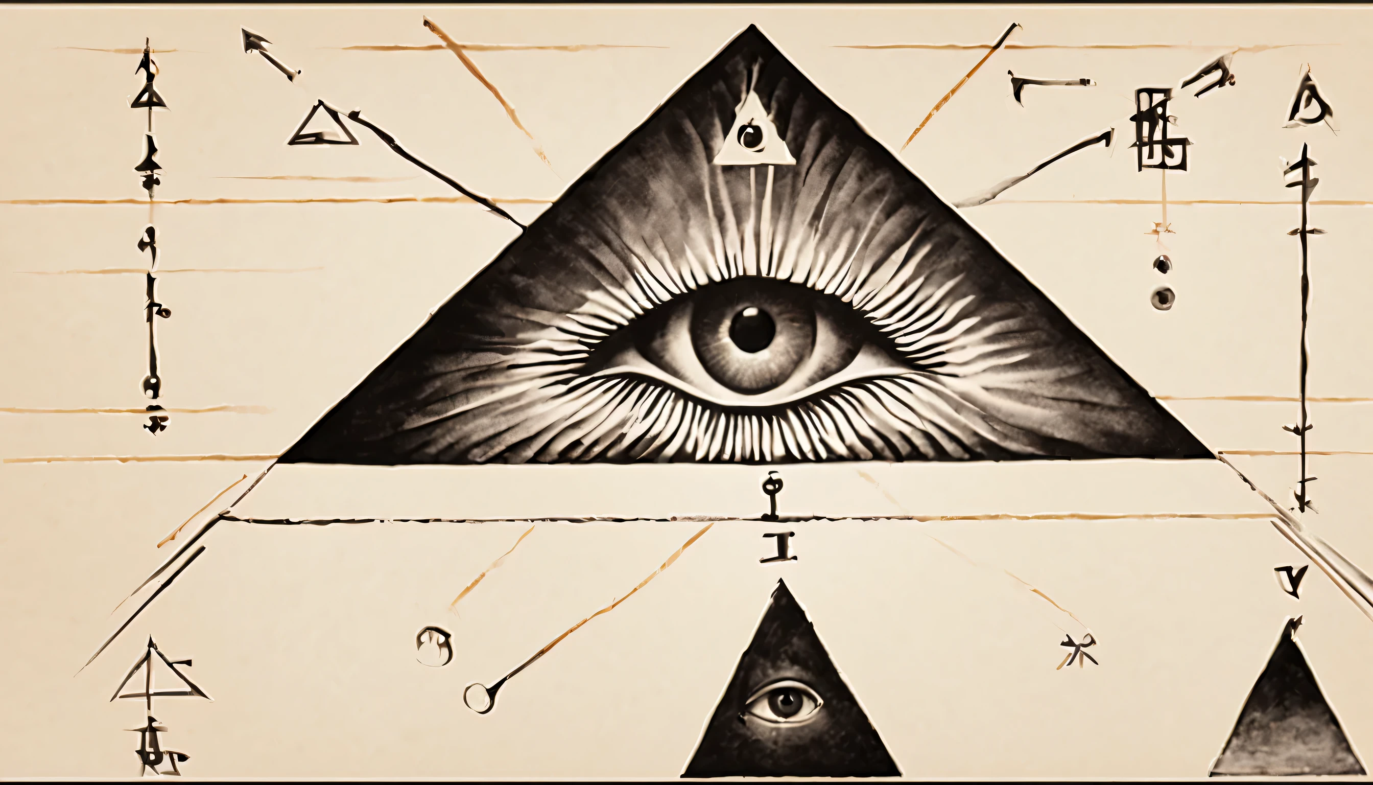 An enigmatic triangle encapsulates an eye within, inviting contemplation of the mystic significance of the all-seeing eye:1.4, enigmatic triangle:1.2, encapsulates eye:1.2, mystic significance:1.1, all-seeing eye:1.1. , alchemy:2