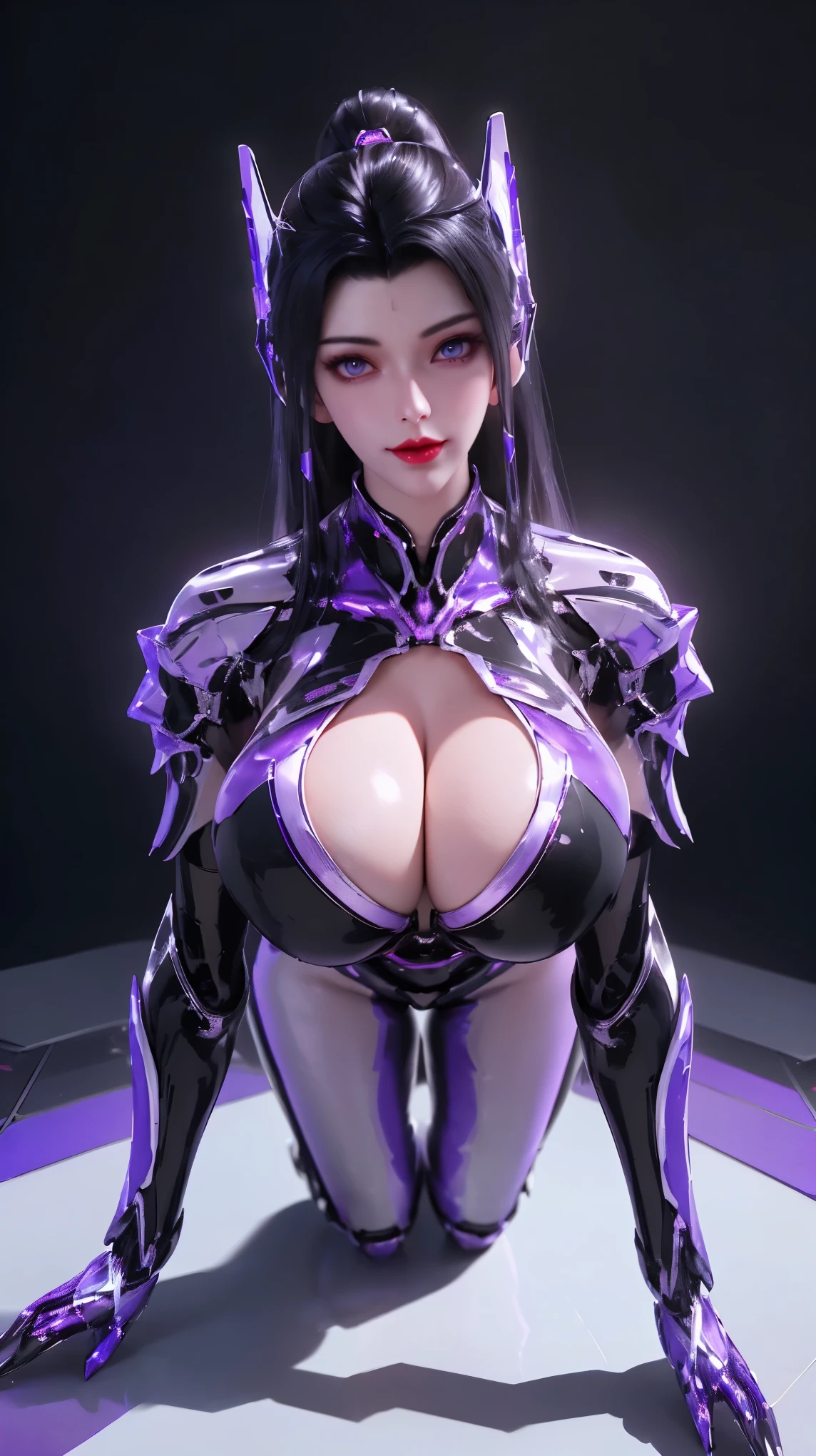 AI GIRL,SOLO,UPPER BODY CLOSE UP, ((BEAUTY BLACK HAIR)), (GIGANTIC FAKE BREAST:1.5), ((NSFW CLEAVAGE:1.5)), (MUSCLE ABS:1.3), (LED PURPLE WHITE SHINY FUTURISTIC MECHA CYBER CROP TOP, BLACK MECHA SKINTIGHT LEGGINGS,PORTRAIT:1.5), (MUSCULAR PERFECT BODY MATURE WOMAN, SWEATY BUSTY BODY:1.2), (LOOKING AT VIEWER:1.3), (female focus:0.8), (HALLROOM OF FUTURISTIC SPACE STATION:1), (BRIGHT LIGHT WHITE_ROOM:1.3), HYPER TEXTURE, (4X MSAA), ((UNREAL ENGINE 5 RENDER)), PHYSICALLY-BASED RENDERING, ULTRA HIGHT DEFINITION, 16K, 1080P.