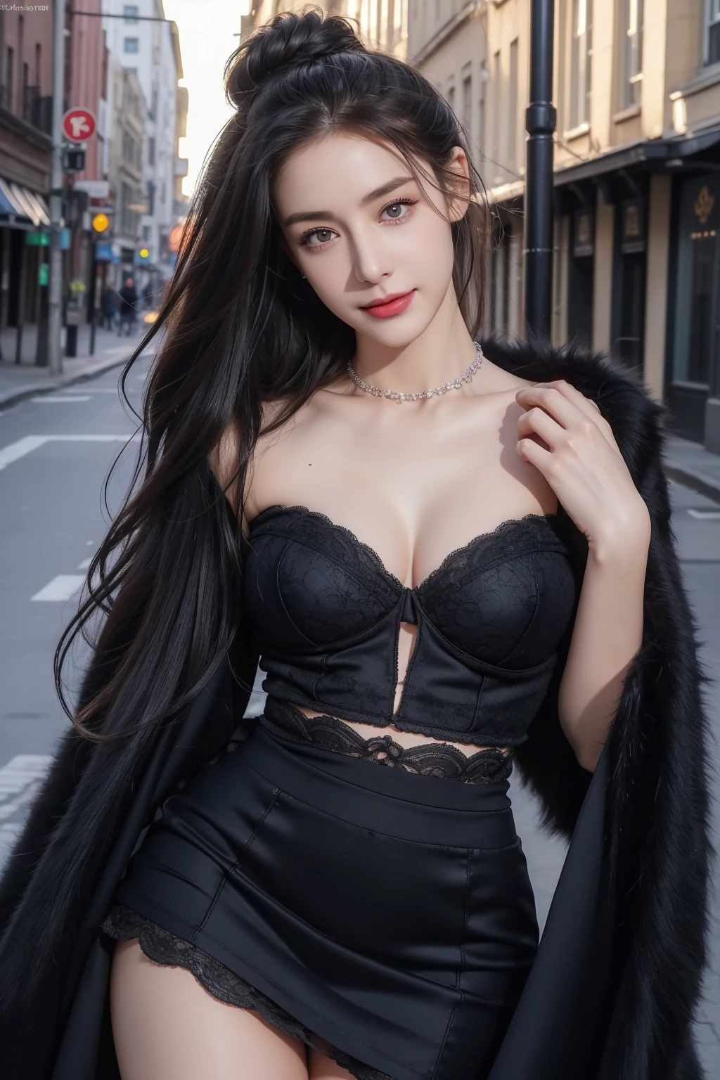 (8k, RAW photos, best quality, tmasterpiece:2), (realistic, photograph realistic:2), (masterpiece, best quality, High detail, Best image quality, super detailed, high resolution, Very detailed, Best quality, Extreme detail description, hyperdetailed painting), (An extremely delicate and beautiful work), Beautiful detailed girl, ((shirt lift, lifted by self)), Very detailed eyes and face, Beautiful detailed eyes, Masterpiece, fair skin, noble beauty, very detailed facial, detailed skin structure, perfect anatomy, perfect figure, ((perfect body)), Beautiful detailed whole body, delicate face, fine collar bone, lovely lips, Behind the softness, ((beautiful thighs)), (((slim waist, slender abs))), ((big breasts, Bulging breasts, crisp breasts)), ((cleavage)), (soulful eyes, glowing eyes, beautiful and clear eyes), (bounce bun hair), (smiling eyes headline), (Enchanted expression), (seductive look), (charming), ((An extremely detailed and elegant discsee-through dark blue lace shirt, black fur coat and skirt, black hose)), head gear, highly detailed necklace, delicate hair clip, Delicate earrings, ((view over street, city, midnight)), ((the night)), physically-based rendering, (((the body from the thighs up))), (((overlooking at viewer)))