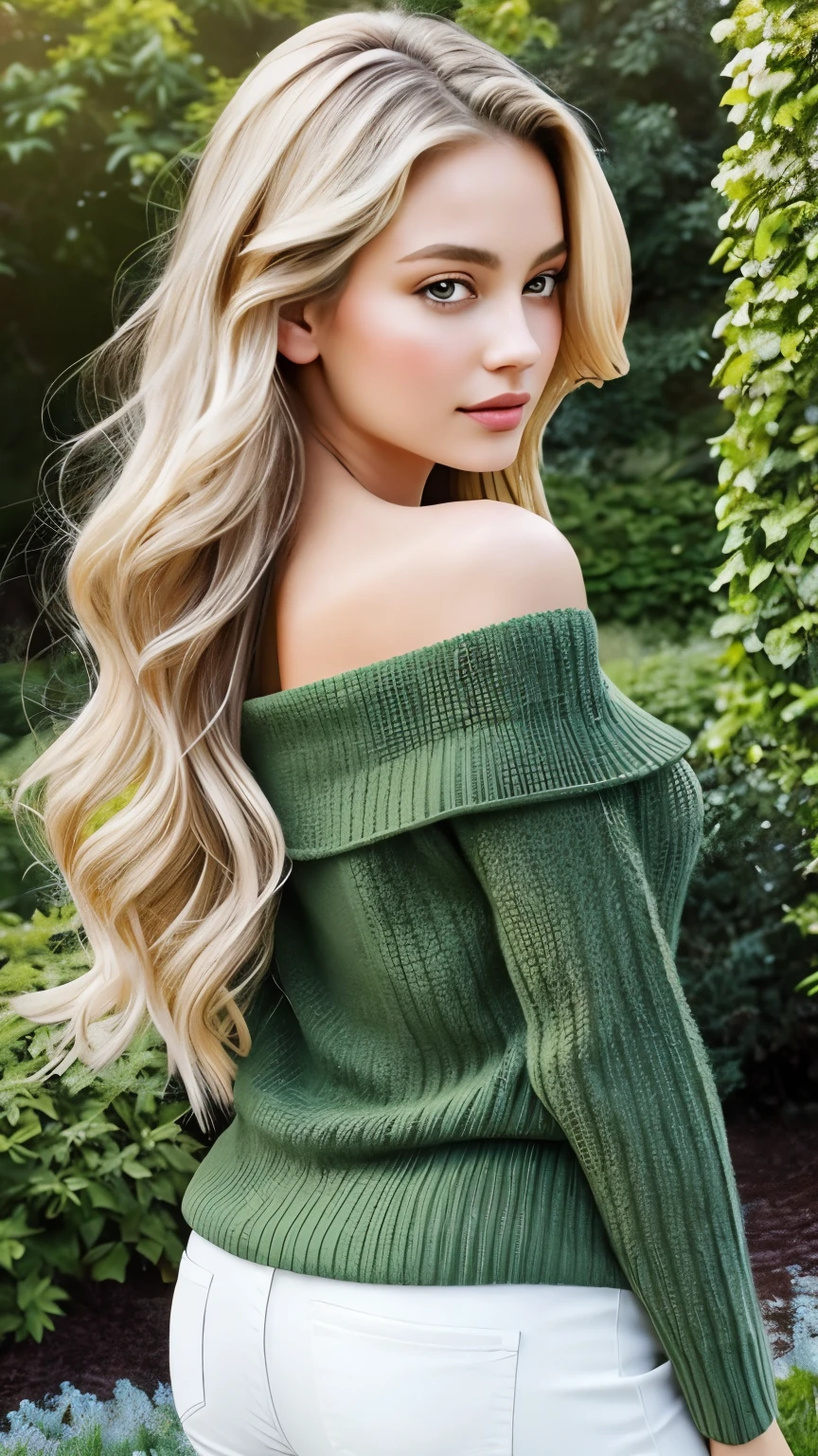 beautiful lady with a seductive gaze, standing in a luxurious garden. The artwork should be done with oil painting medium to create a realistic and detailed portrayal. The girl should have long blonde hair flowing down her back, with her bare shoulders emphasizing her femininity. Her captivating brown eyes and plump, glossy lips should be intricately detailed to capture the viewer's attention.
The girl should be wearing a cozy off-shoulder sweater, which adds a touch of casual elegance to the scene. She should also be wearing a necklace with delicate jewelry, accentuating her beauty. The overall image quality should be of the highest standard, with sharp focus and vivid colors to bring the artwork to life. The painting should have an ultra-fine level of detail, with the artist's skill showcased in every brushstroke.
In terms of art style, the painting should lean towards a photorealistic approach, capturing the essence of the girl's features with precision. The color palette should be warm and inviting, with soft lighting illuminating the scene, creating a pleasant atmosphere.
Overall, the prompt should inspire the Stable Diffusion model to generate a stunning masterpiece depicting a sexy and alluring girl in a garden, showcasing her beauty and captivating the viewer's gaze.