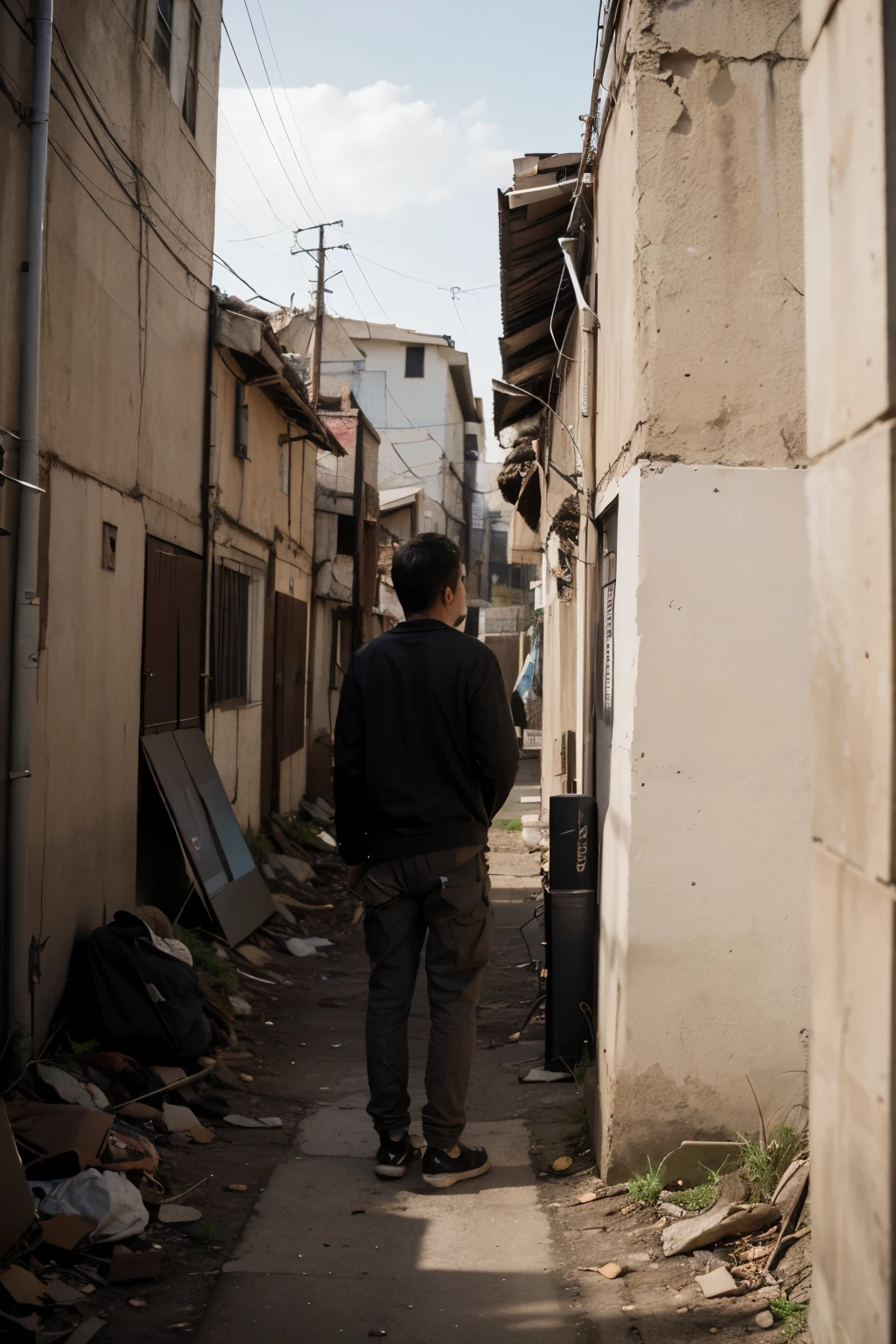 (person standing with their backs standing in front of a corner between two roads), (Apocalyptic scenario), ((melhor qualidade)), (detalhado), 