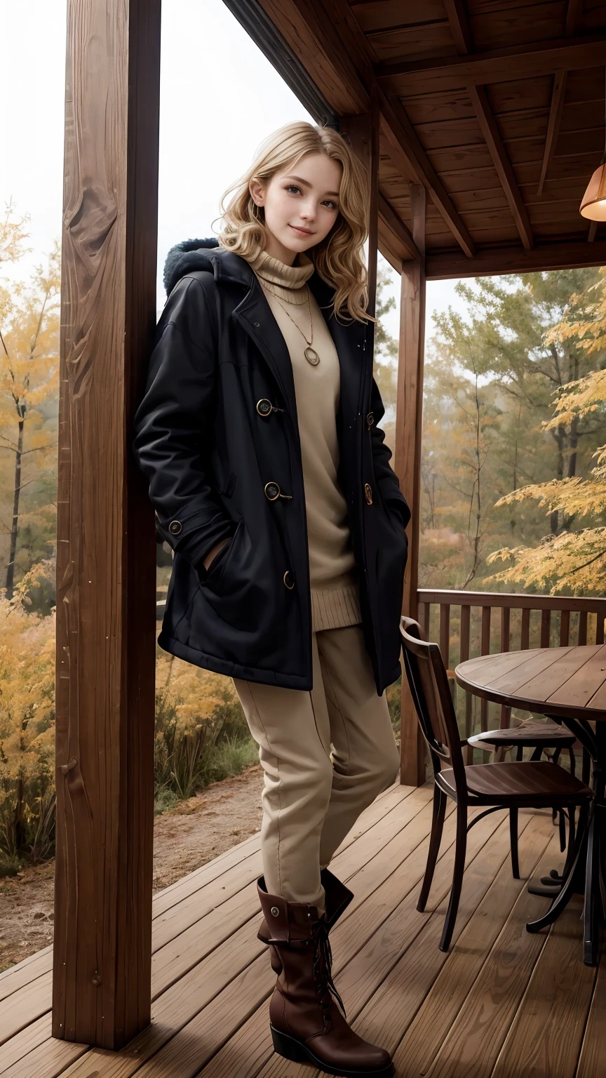 25-year-old Caucasian woman、Blonde gradient color、Eye color is blue、medium long hair、hair is wavy、wearing accessories on the wrist、Wearing a necklace、high resolution、Fine skin、smile、wearing a high neck sweater、Wearing a duffel coat、I&#39;m wearing warm pants、I&#39;m wearing warm boots、I&#39;m on the terrace of a cottage in a snowy forest.、I&#39;m wearing mitten gloves、I&#39;m wearing a muffler