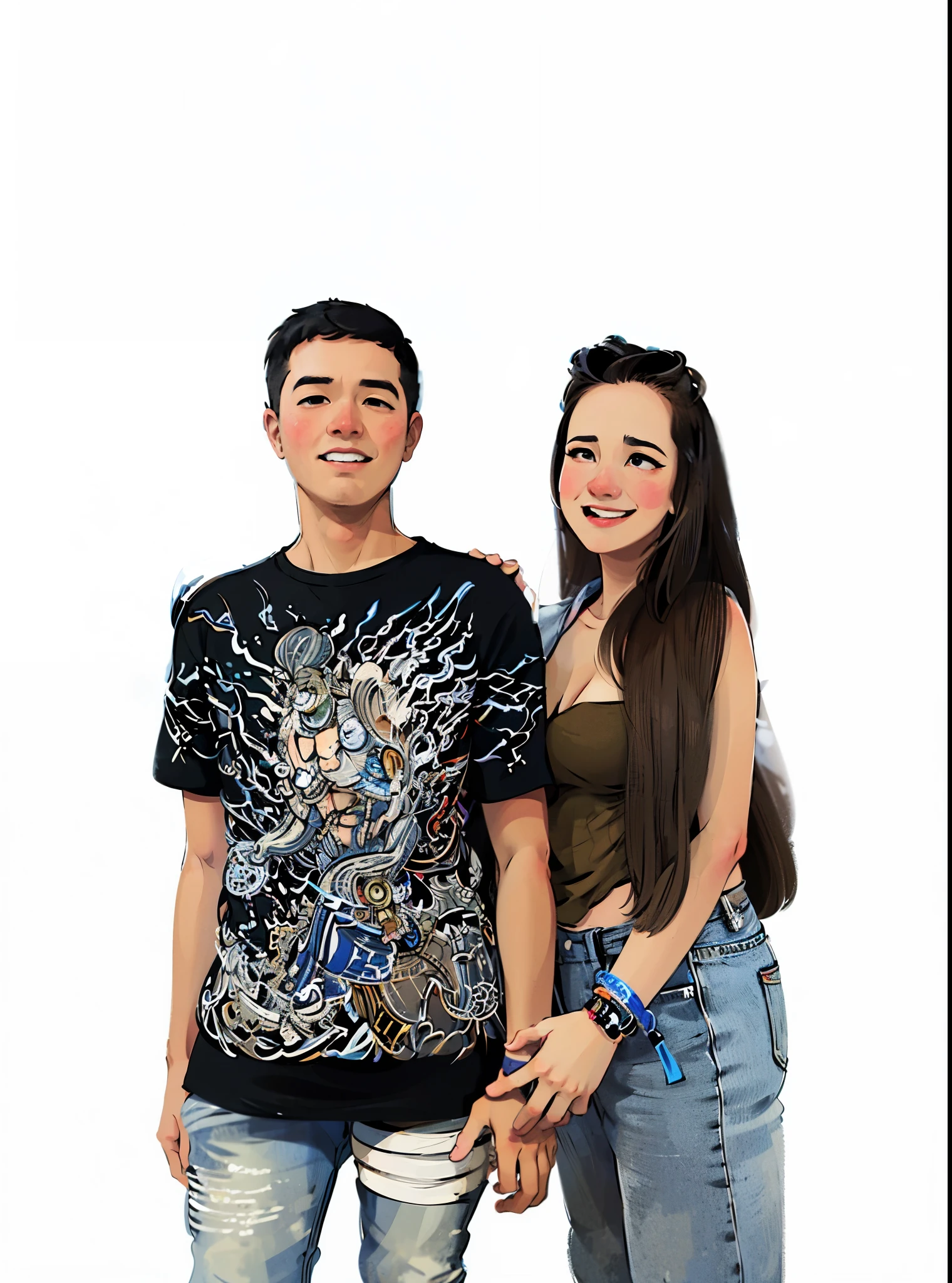 (masterpiece:1.2),illustration,lineart,high definition,texture,short black hair man and black long girl with sunglasses on her head standing together and smiling ,warm color palette,soft lighting,detailed pencil strokes,delicate outlines,distinct shadows,subtle shading,impeccable attention to detail,highly realistic,artistic touches,vibrant and lifelike rendering,professional-level skill,white isolated background,warm and inviting atmosphere,peaceful and relaxed expression,sophisticated and elegant aesthetics.