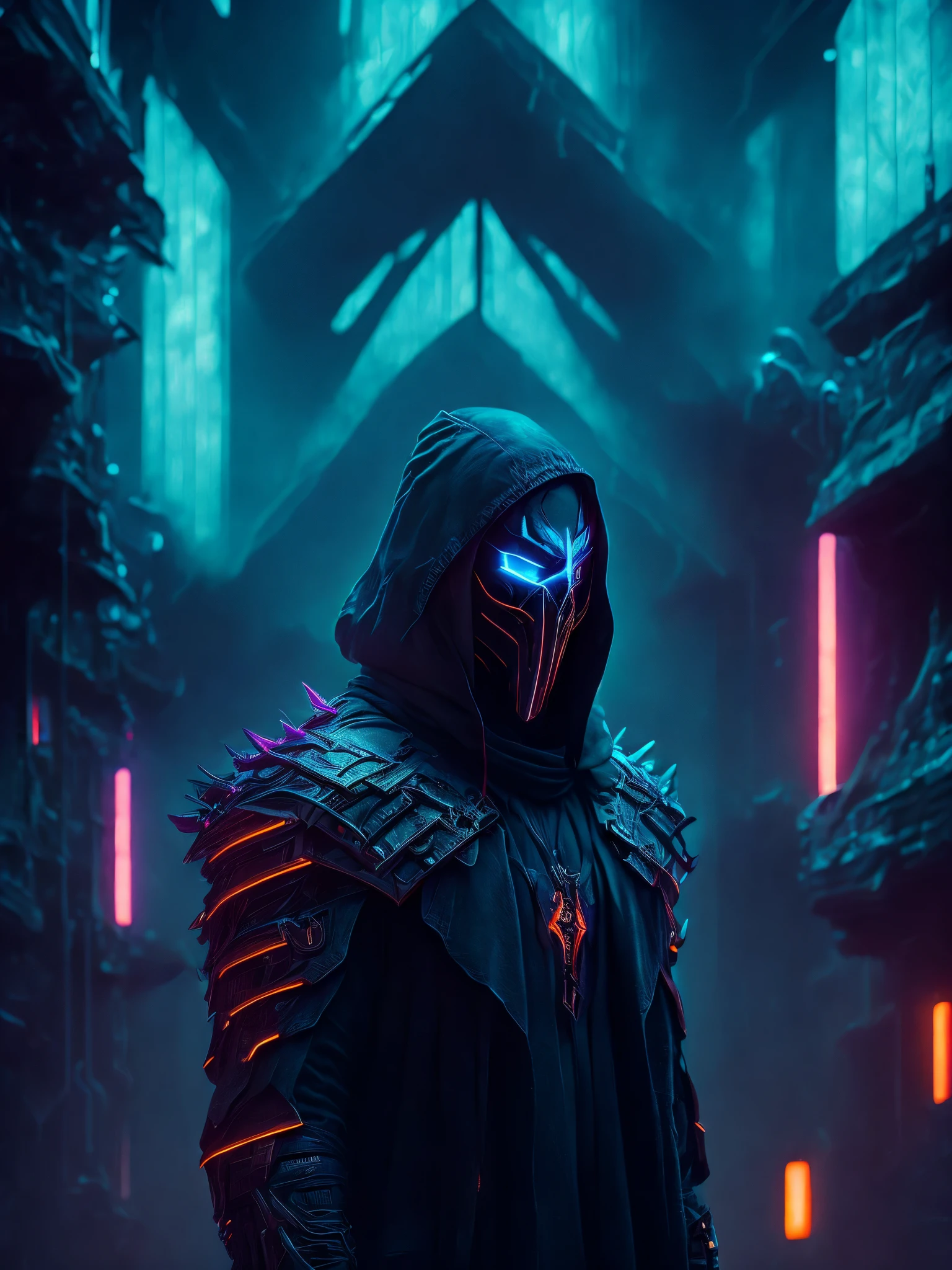 gloomy portrait of Soulreaper from Marvel with intricate angular cybernetic implants inside a brutalist building, gothic abounded hospital, cyberpunk, award-winning photo, bokeh, smokey neon lights, cybernetic limb