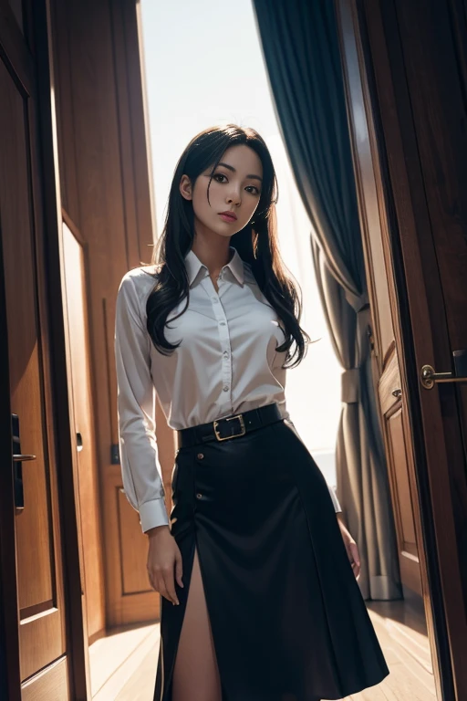 Young woman at 25: 1.3, Long hair: 1.2, Professional skirt: 1.2, Daytime: 1.2, Square: 1.2, cinematic lighting, Surrealism, UHD, ccurate, Super detail, textured skin, High detail, Best quality, 8k