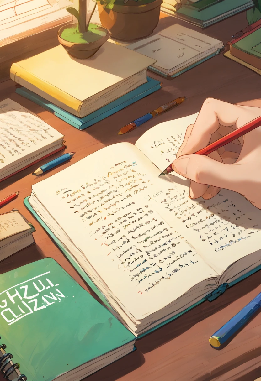 A close-up image showcasing a student’s hand writing notes in a notebook, with colorful textbooks and study materials spread out on a desk, representing the process of active learning and the organization of knowledge