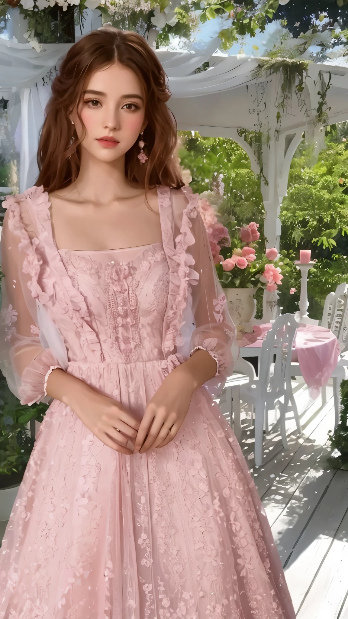 a woman in a vestido rosa standing on a porch, vestido romantico, romantic dress, fantasy long intricate gown, in Romantic style, Dress Rococo style, vistiendo un vestido de baile rosa, intricate fantasy dress, Dream style, vistiendo un vestido floral rosa, Romantic style, rococo dress, Detalles muy delicados, vestido rosa, rosa pastel, rubor suave