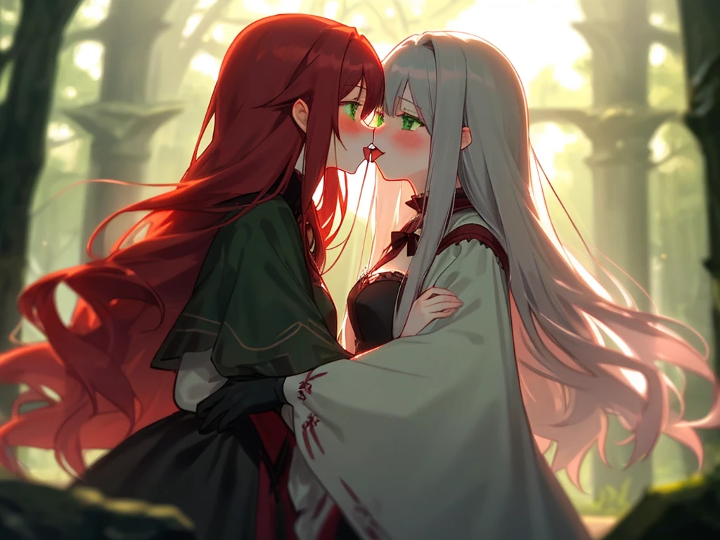 short red-haired girl and long-haired silver-haired girl green eyes vampire tongue kiss blushing big breasts naked naked nipples stringy drool