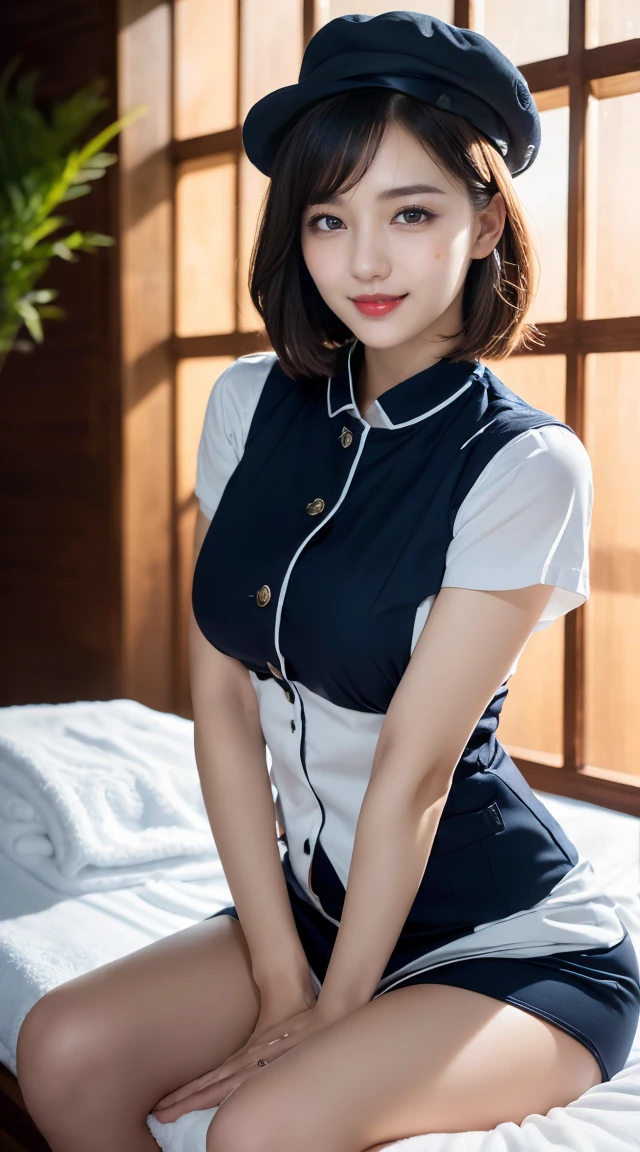 (((full body,including legs)))、(((sexual oil massage、clouching on someone))),(((perfect uniform of Japanese stewardess, vest-dress uniform、small hat,(black high-heel), (((with oil,oily hand,oily skin,oil massage))),little smile,white blouse,tight blouse)))、(((navy bowler hat),navy hat)), high heel、Dressed up、(Photo real:1.4)、(A hyper-realistic:1.4)、(Photorealistic:1.3)、 (gentle lighting: 1.05)、(Improve the lighting quality of your video:0.9)、32k、 1Girl、28years old girl、photorealistic lighting、Back lighting、Facial Lights、Ray Trace、(bright:1.2)、(Increase quality:1.4)、 (best quality real texture skin)、Fair eyes,Delicate and delicate face, Close-up of the breasts, white blouse,tight blouse,tight vest-dress uniform, (Bodyline mood improvement:1.1)、good figure,Glossy skin、short hair,blonde hair,韓国アイドル、乃木坂アイドル、Sculptural Idol Pose、little smile,blush,Beautiful actress、Neat woman,whole body, (((midium breasts,beautiful breasts))),(perfect row of teeth),slender waist and hip,beautiful long legs,full shot)、((8heads tall)、(((誘惑している、恥ずかしい)))、dynamic pose,gravure pose,((red cheek、red lips)),Super Clean Night View、night time、blush,little smile,(((full shot)))、Super Clean Night View、night time、blush,little smile,(((full shot)))、(((in the luxury massage room,sexual oil massage,with bed,with tree,dark light,in the night,with window,neon sign))),