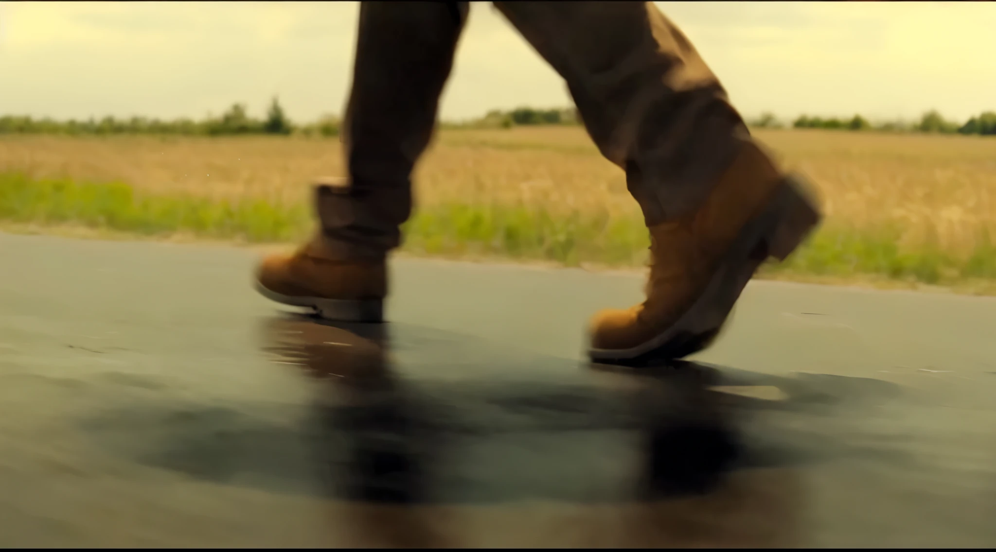 someone is riding a skateboard on a road near a field, terrence malick screenshots, in roger deakins style, cinematography roger deakins, movie screencap, shot from danis villeneuve movie, movie screen shot, denis villeneuve cinematography, cinematic low shot, roger deakins cinematography, cinematic movie shot, teaser trailer footage, a24 cinematography