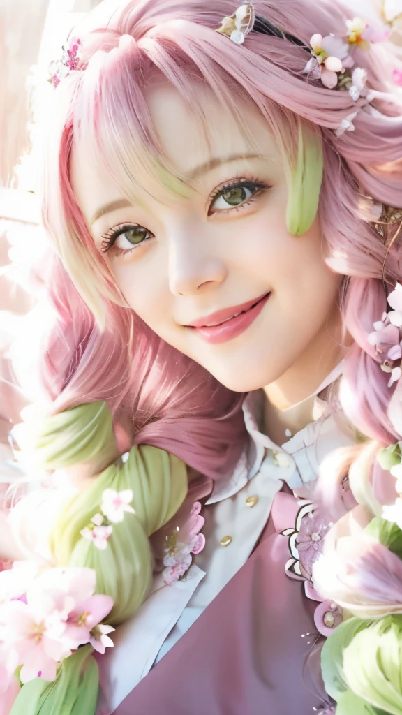 anime girl with pink hair and long pink hair posing for a picture, smiling!! fantasy, [[[[grinning evily]]]], coronation of the flower prince, the flower prince, he is smiling, smileing nright, smiling sweetly, serene smile, smiling as a queen of fairies, coy smile, grinning lasciviously