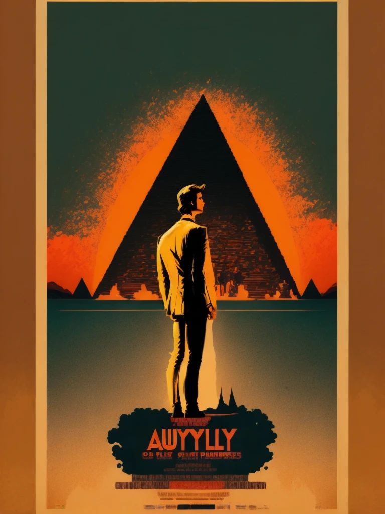 a poster of a man standing in front of a  great pyrameds with a sunset in the background by Olly Moss