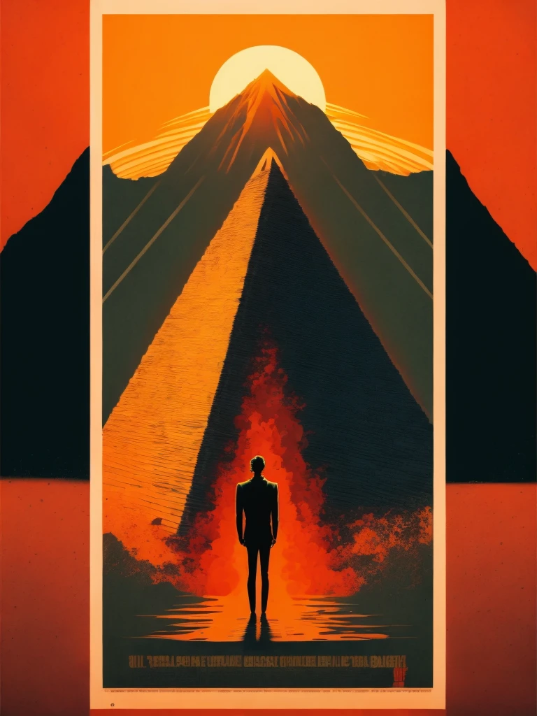 a poster of a man standing in front of a  great pyrameds with a sunset in the background by Olly Moss