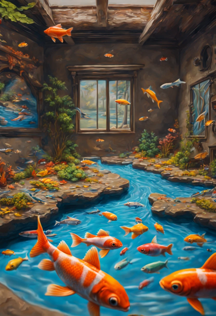 (3D painting:1.5) river with fishes anamorphosis in floor in the room. Cinematic lighting, vivid colors, Miki Asai Macro photography, close-up, hyper detailed, trending on artstation, sharp focus, studio photo, intricate details, highly detailed, by greg rutkowski