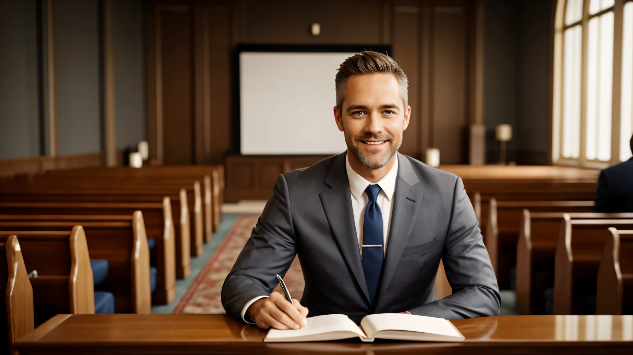 Create actor Jay Harrington as Pastor, smiling and happy, focus on face, Pastor looking at center of image, background image evangelical Christian church, Pastor, short gray hair, film cover style, short gray beard, wearing suit, focus on body details, cover image, heavenly atmosphere, film photography style, focus on facial details, heavenly atmosphere, cinematic effect, ultra HD, best quality, wearing suit.