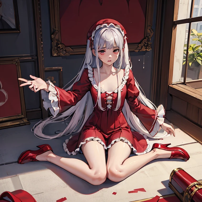 Ultra high precision、high resolution、(Naked girl doing M-spread legs on the floor:1.4)、Pretty face、silver hair、pubic hair is growing、 ((look of fear、shed tears))、smaller breasts、empty eyes ((white mucus dripping from genitals))..、In the ruins、(Burgundy long-sleeved dress with ruffles and lace decoration:1.4)、(red flat pumps:1.3)、