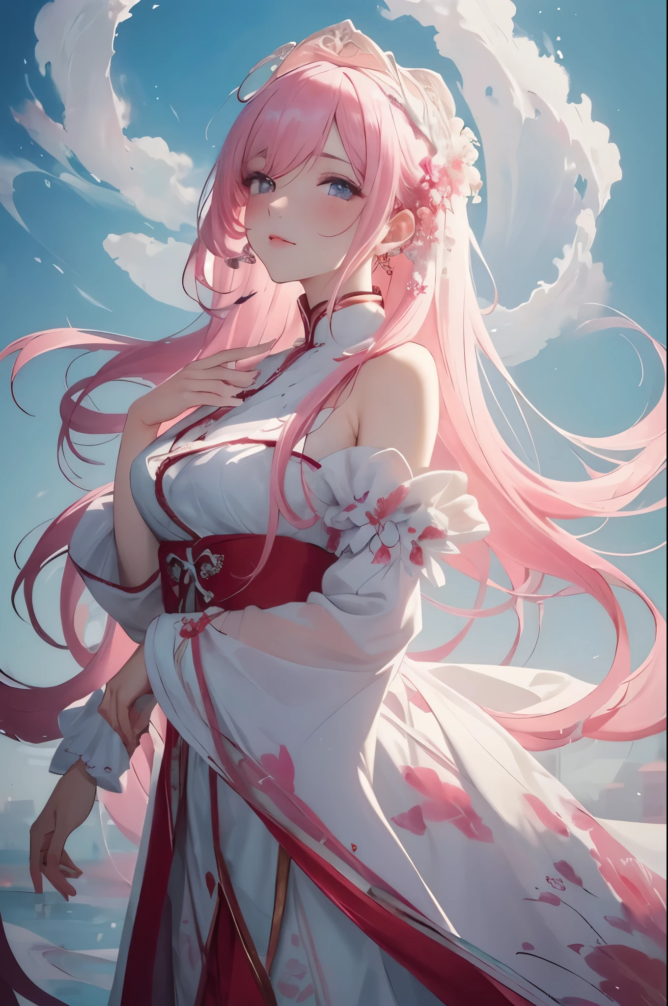 An inky white painting masterpiece of exquisite beauty and best quality unfolds before you, with intricate brushstrokes that bring to life an elegant and balanced depiction of a woman. Dressed in an old, rich red garment, her poised figure exudes grace and dignity. The scene is imbued with a sense of ethereal grandeur as a gigantic, pink goldfish takes form in the deep white and pink foggy clouds above. Imitating the distinctive style of Li Shuxing, this epically scaled artwork by the celebrated artist Shilin Huang showcases the brilliant, super-detailed vision of double contact clouds. Each brushstroke shimmers with life, inv