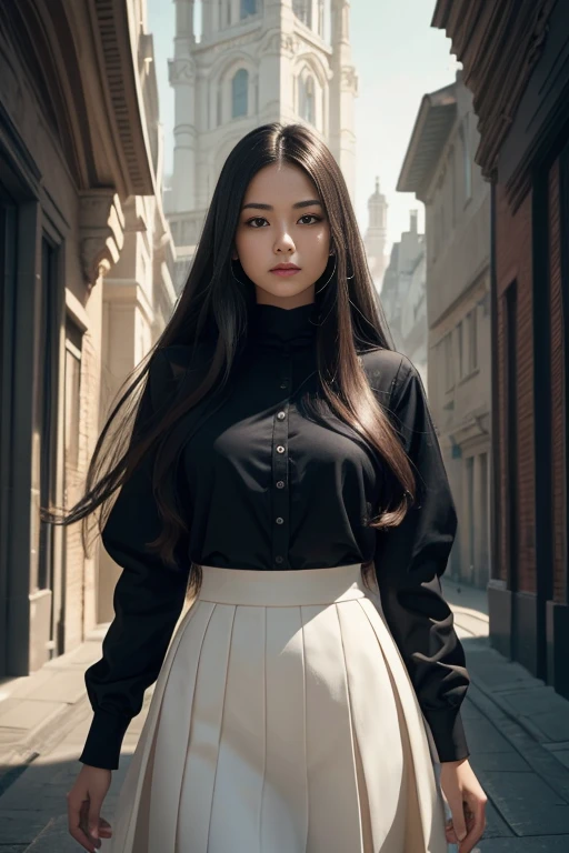 A young woman at 25 with beautiful long hair is standing in a square. She is wearing a professional skirt, exuding confidence and elegance. It is daytime, and the soft natural light enhances her features. The lighting creates a cinematic atmosphere, adding depth and emotion to the scene.

The artwork is inspired by surrealism, with elements of dreamlike imagery and unexpected juxtapositions. The woman's surroundings have a sense of mystery and intrigue. The square is adorned with unique architectural details and vibrant colors, creating an otherworldly yet captivating environment.

The image is of the highest quality, with ultra-high-definition resolution (UHD) and an impeccable level of detail. Every aspect of the woman's appearance is meticulously rendered, from the individual strands of her hair to the texture of her skin. The artwork showcases the complexity and beauty of human features, resulting in a visually stunning and realistic portrayal.

The color palette is carefully selected to create a harmonious and captivating atmosphere. Subtle and sophisticated hues are used, evoking a sense of sophistication and refinement. The colors enhance the surrealistic nature of the artwork, adding depth and visual interest to the scene.

Overall, the prompt aims to generate a visually striking and impactful image of a young woman in her prime, with an emphasis on her long hair, professional attire, and the surrealistic environment she inhabits. The focus on high quality, detail, and artistic elements ensures the creation of a masterpiece that is both visually captivating and artistically profound.