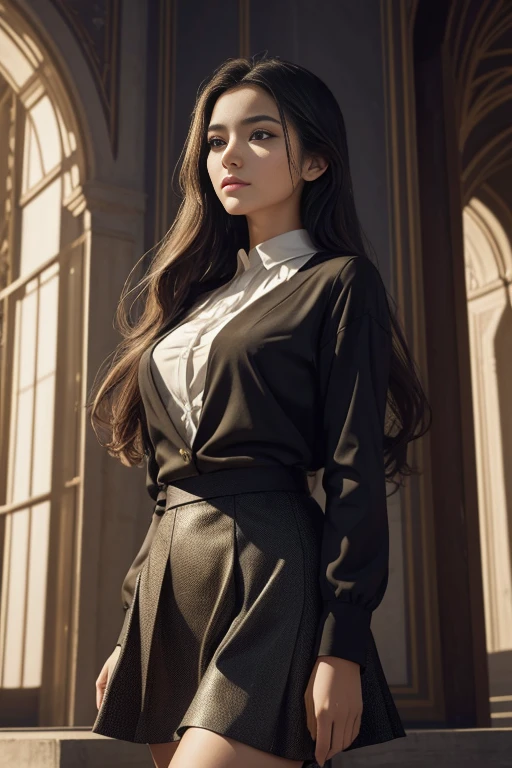 A young woman at 25 with beautiful long hair is standing in a square. She is wearing a professional skirt, exuding confidence and elegance. It is daytime, and the soft natural light enhances her features. The lighting creates a cinematic atmosphere, adding depth and emotion to the scene.
The artwork is inspired by surrealism, with elements of dreamlike imagery and unexpected juxtapositions. The woman's surroundings have a sense of mystery and intrigue. The square is adorned with unique architectural details and vibrant colors, creating an otherworldly yet captivating environment.
The image is of the highest quality, with ultra-high-definition resolution (UHD) and an impeccable level of detail. Every aspect of the woman's appearance is meticulously rendered, from the individual strands of her hair to the texture of her skin. The artwork showcases the complexity and beauty of human features, resulting in a visually stunning and realistic portrayal.
The color palette is carefully selected to create a harmonious and captivating atmosphere. Subtle and sophisticated hues are used, evoking a sense of sophistication and refinement. The colors enhance the surrealistic nature of the artwork, adding depth and visual interest to the scene.
Overall, the prompt aims to generate a visually striking and impactful image of a young woman in her prime, with an emphasis on her long hair, professional attire, and the surrealistic environment she inhabits. The focus on high quality, detail, and artistic elements ensures the creation of a masterpiece that is both visually captivating and artistically profound.