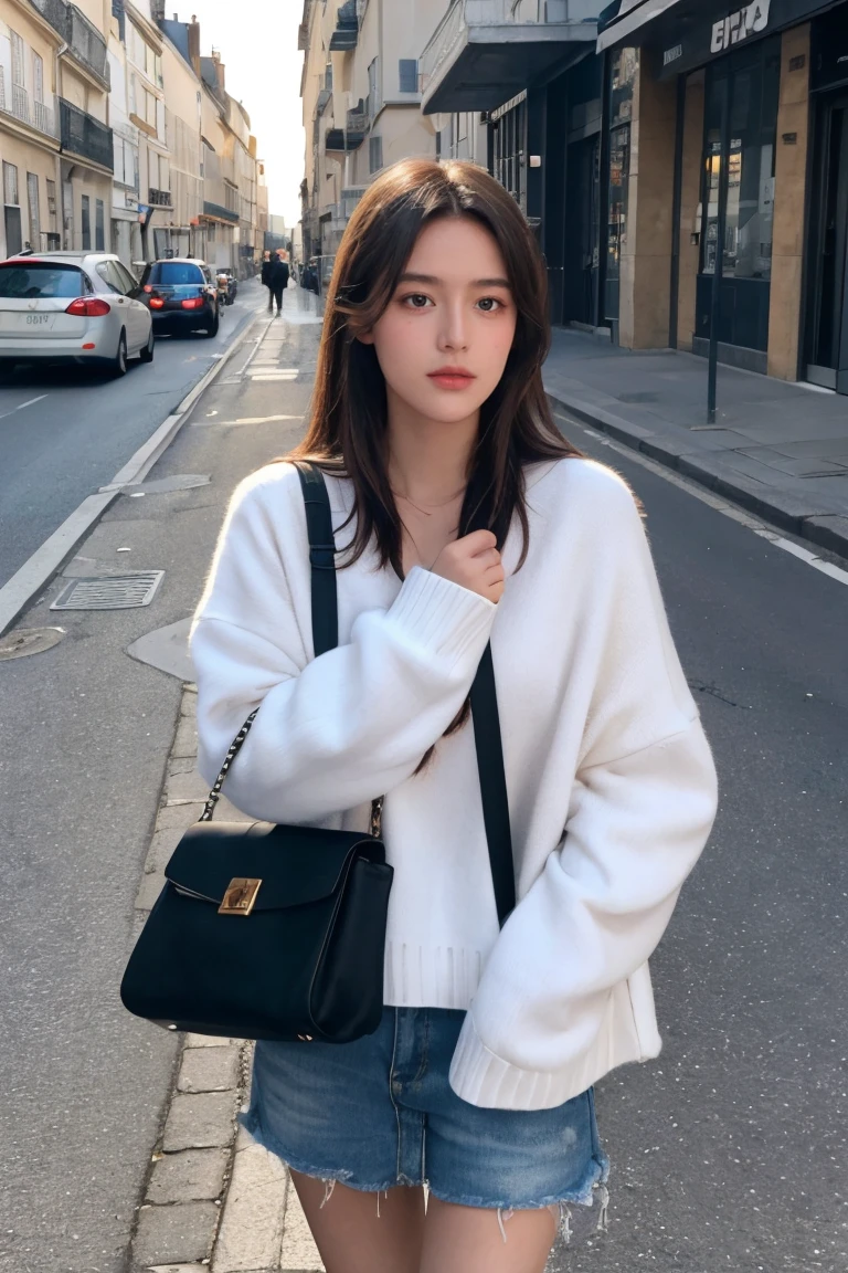 Fille coréenne regardant le spectateur dans la rue,Effets de lumière douce, Instagrameuse