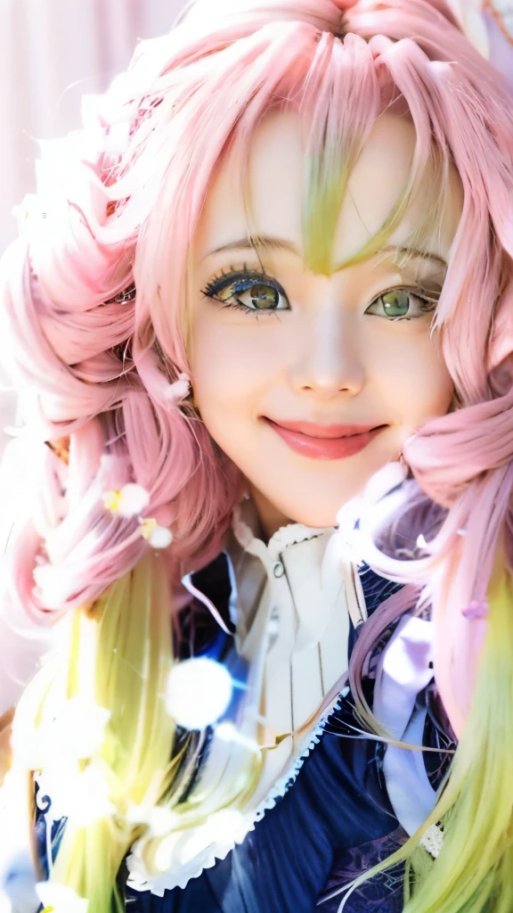 anime girl with pink hair and long pink hair posing for a picture, smiling!! fantasy, [[[[grinning evily]]]], coronation of the flower prince, the flower prince, he is smiling, smileing nright, smiling sweetly, serene smile, smiling as a queen of fairies, coy smile, grinning lasciviously