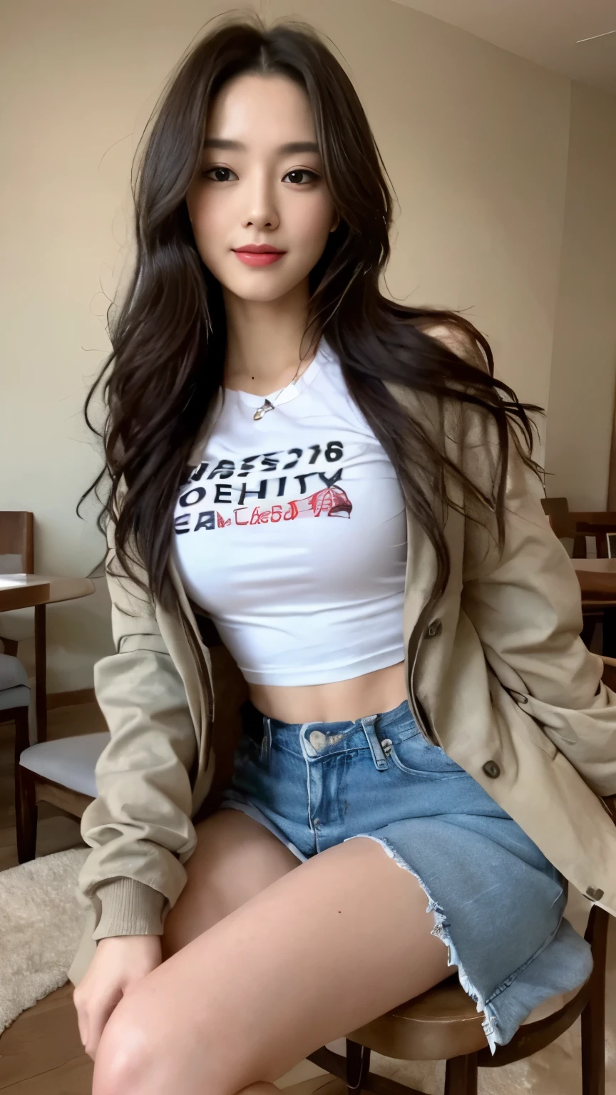 ((top-quality、8k、masterpiece:1.3))、Beautiful woman with perfect body:1.4、slim abdomen:1.2、Longhair, normal breast, Highly detailed facial and skin texture, A detailed eye, (smile), (full body shot), ((restaurant)), (sitting on chair), (((wearing t-shirt with jacket)), looking in front,