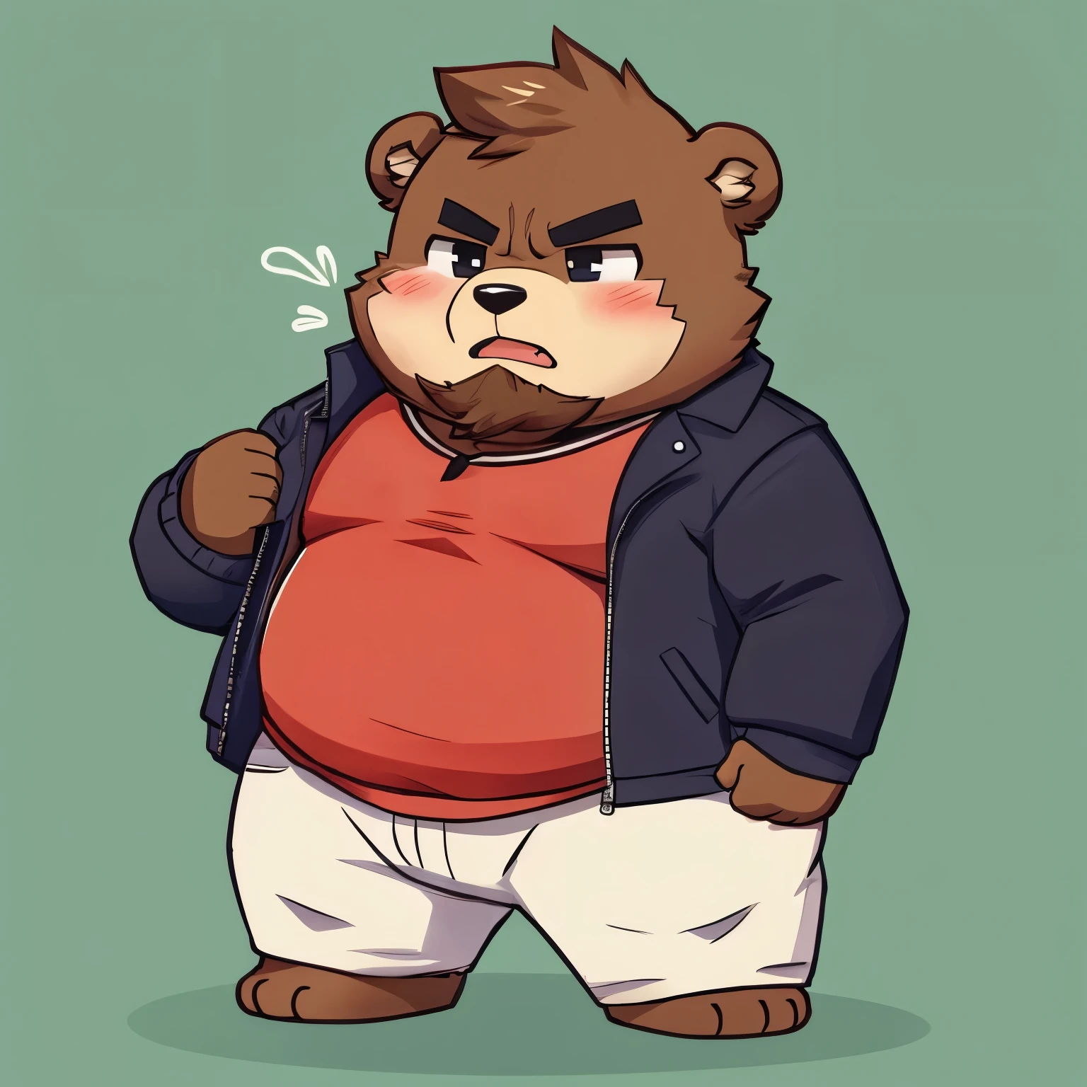chubby wide body, fluffy, furry,chubby cheeks, big chest , beard,Anthro bear , furry , male cute, extremely cute, angry , blushes, A bit embarrassed, full body , jacket , chibi
