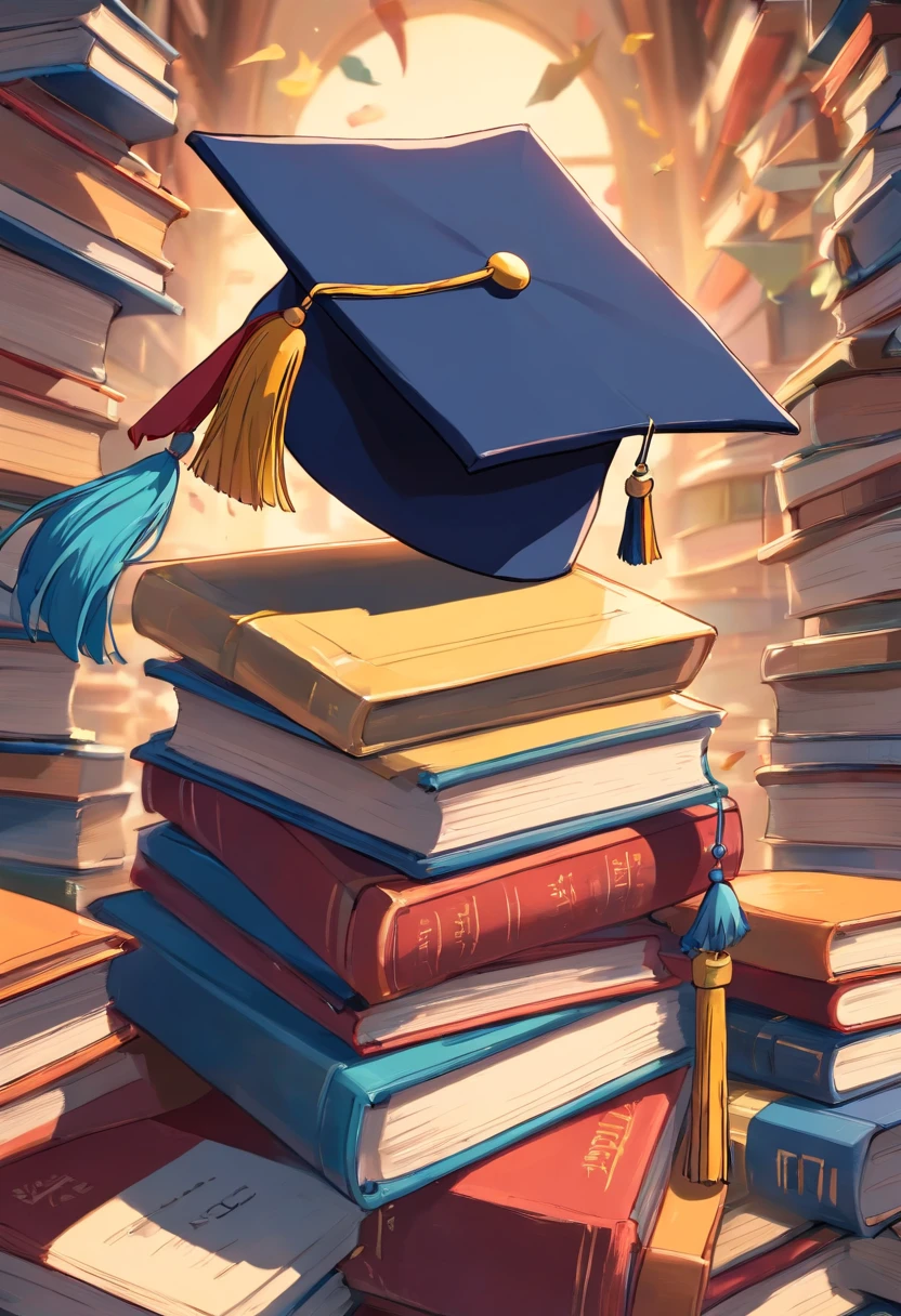 A close-up image showcasing a graduation cap placed on top of a pile of books, symbolizing the culmination of education and the acquisition of knowledge, representing the concept of lifelong learning
