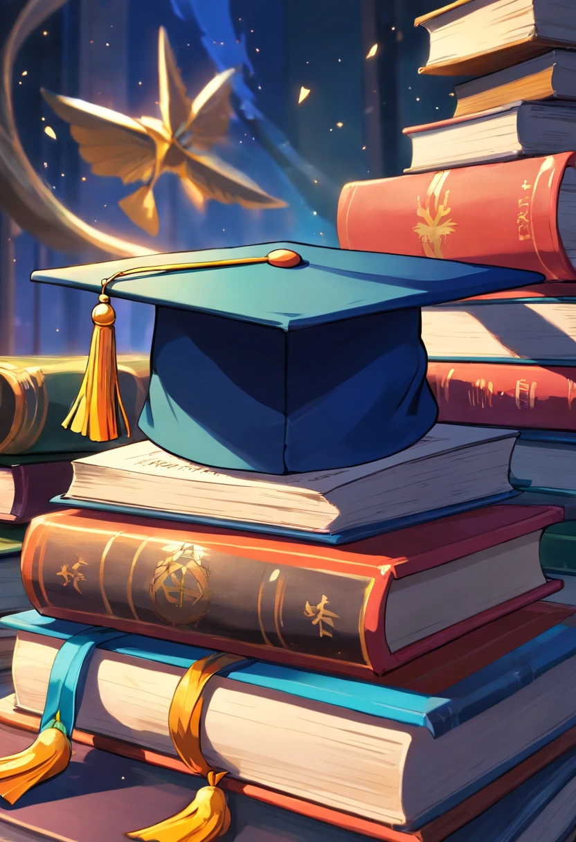 A close-up image showcasing a graduation cap placed on top of a pile of books, symbolizing the culmination of education and the acquisition of knowledge, representing the concept of lifelong learning